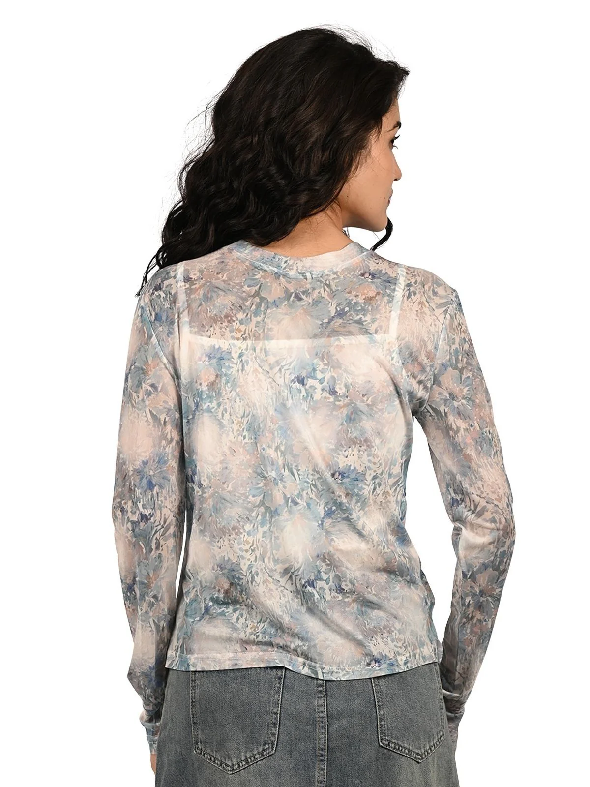 Odette Sky Blue Net Printed Top For Women - Image 4