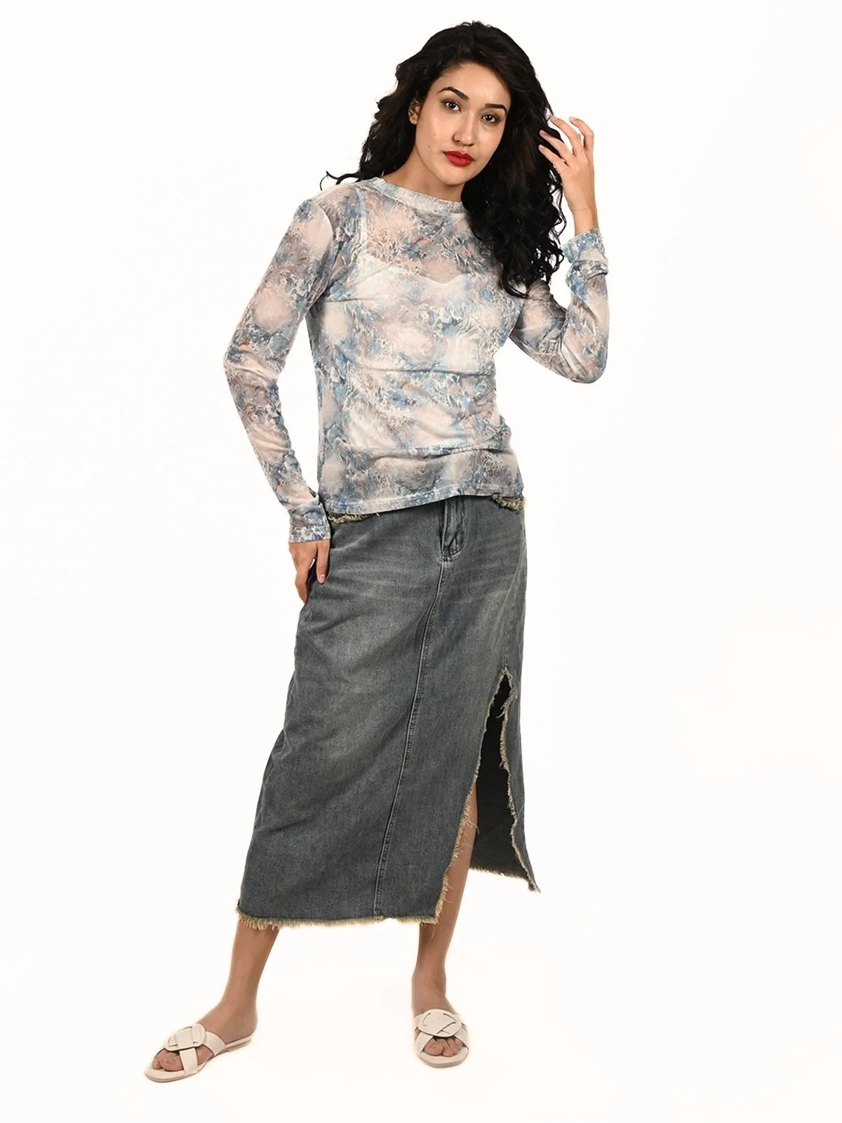 Odette Sky Blue Net Printed Top For Women - Image 5