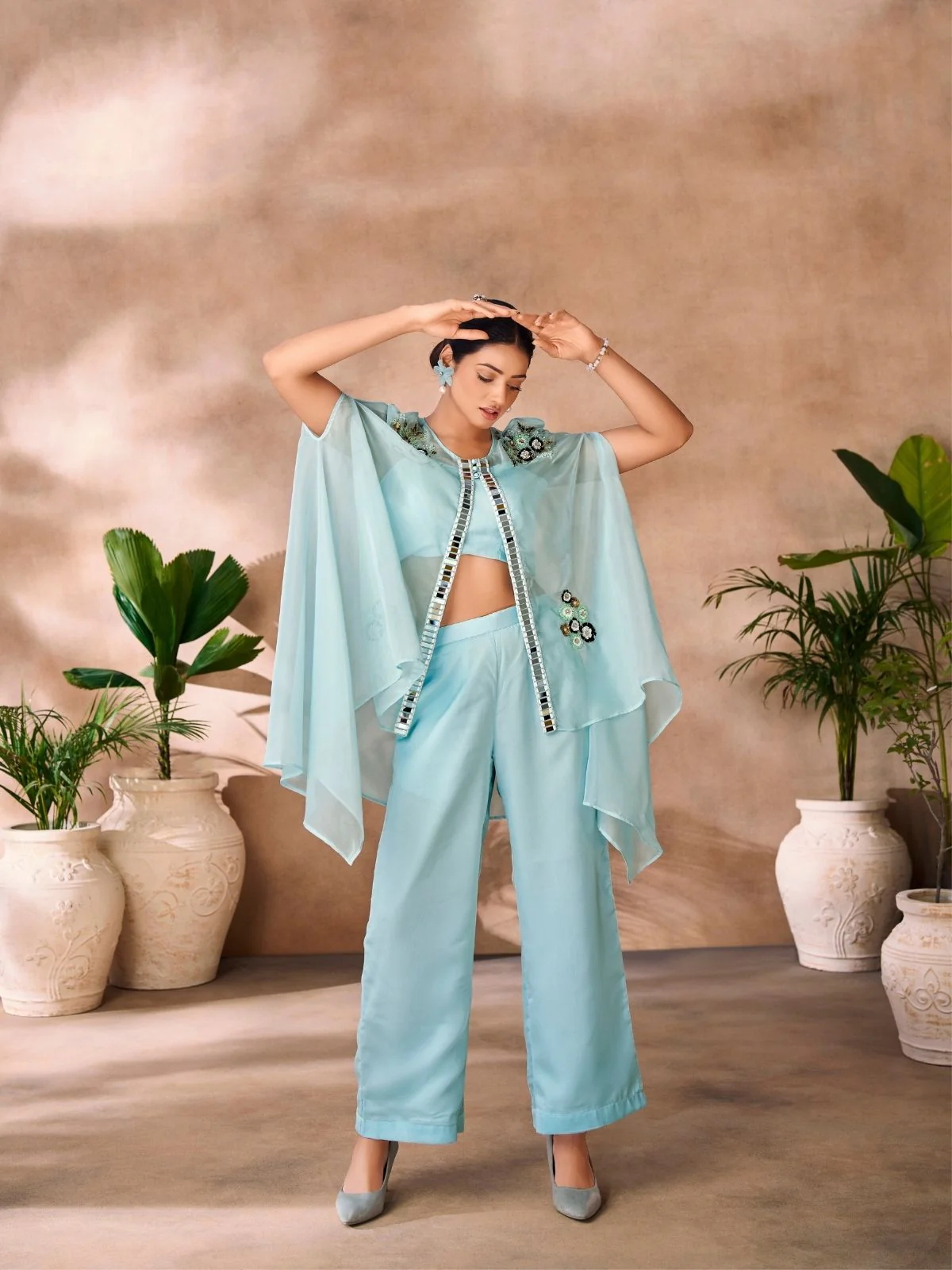 Odette Sky Blue Organza Embellished Co-Ord Set For Women