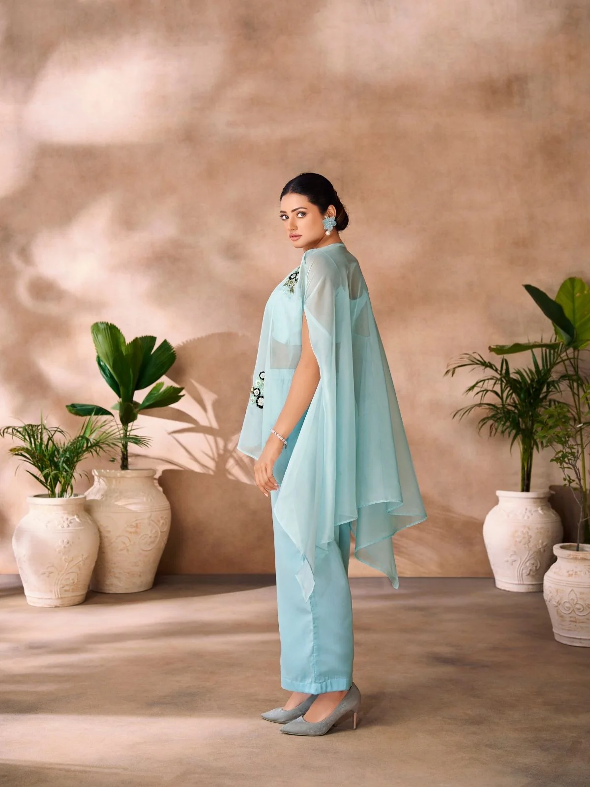 Odette Sky Blue Organza Embellished Co-Ord Set For Women - Image 3