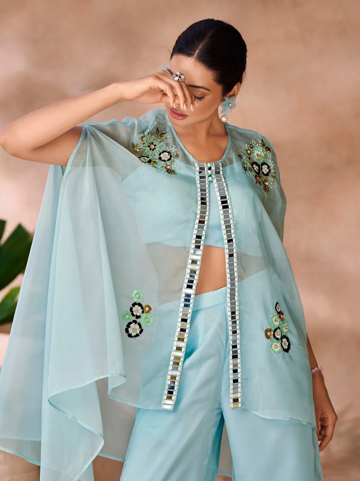 Odette Sky Blue Organza Embellished Co-Ord Set For Women - Image 6