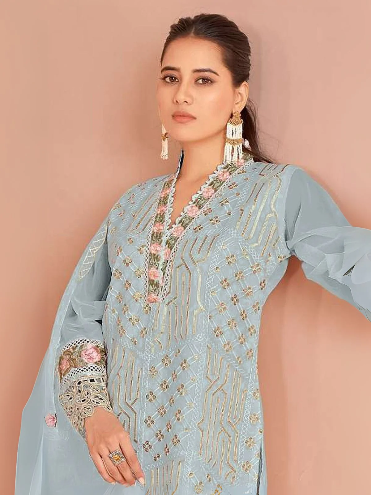 Odette Sky Blue Organza Embellished Semi-Stitched Kurta Set For Women - Image 2