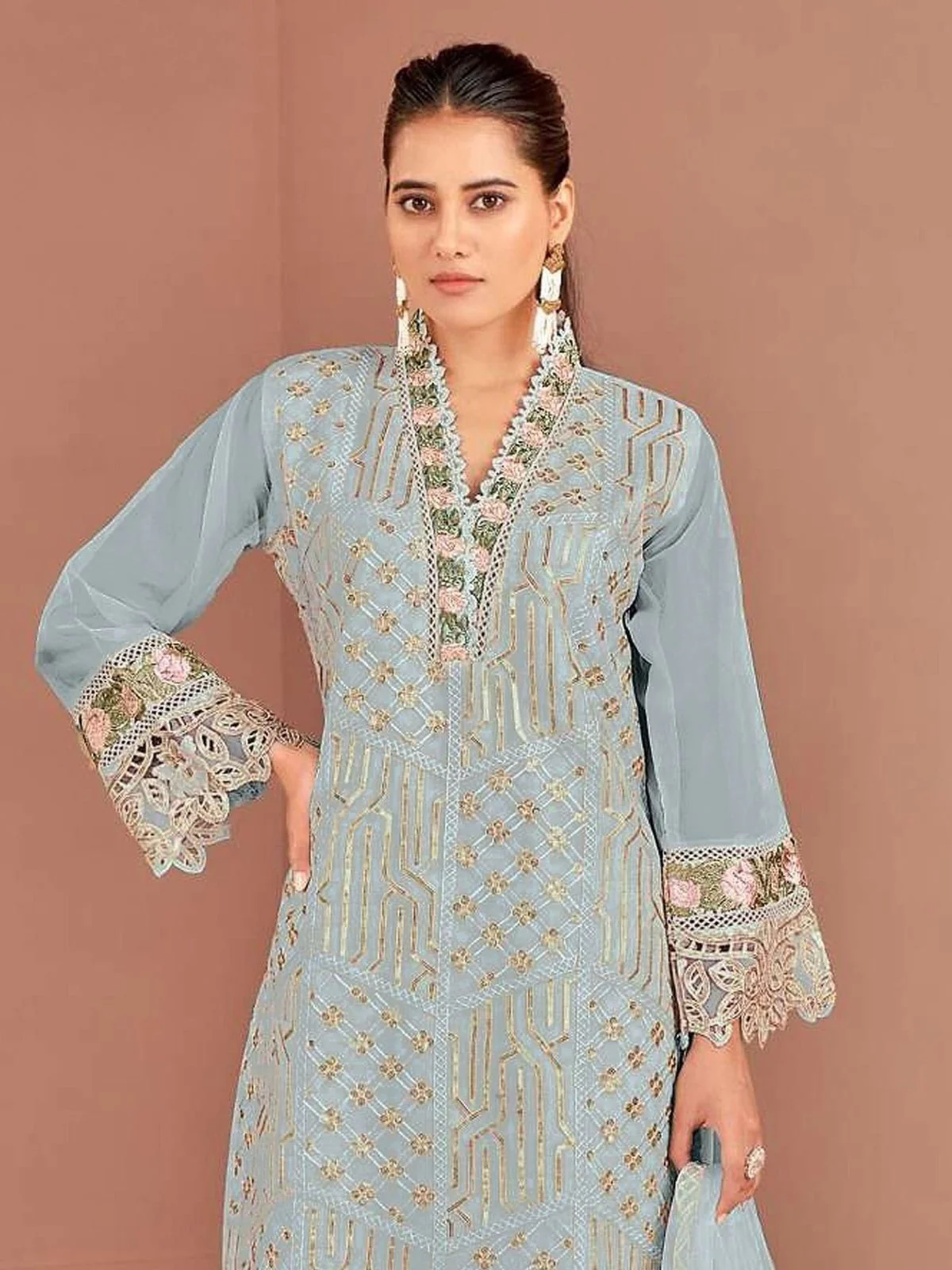 Odette Sky Blue Organza Embellished Semi-Stitched Kurta Set For Women - Image 4