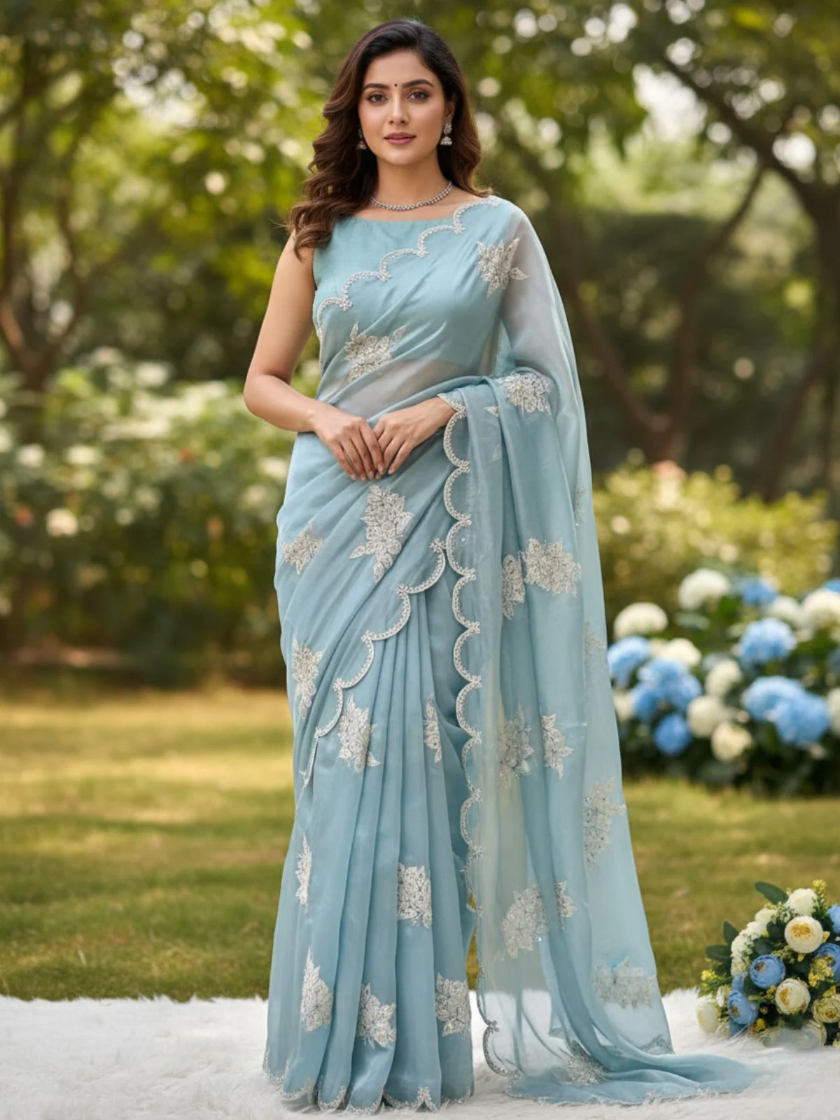 Odette Sky Blue Organza Embroidered And Cutwork Solid Saree For Women