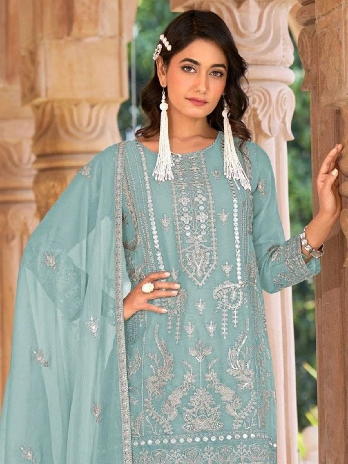 Odette Sky Blue Organza Embroidered Semi-Sitched Kurta Set For Women - Image 2