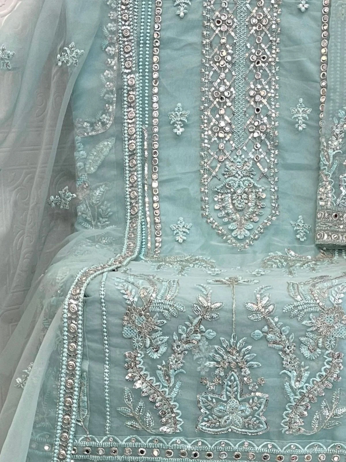 Odette Sky Blue Organza Embroidered Semi-Sitched Kurta Set For Women - Image 3