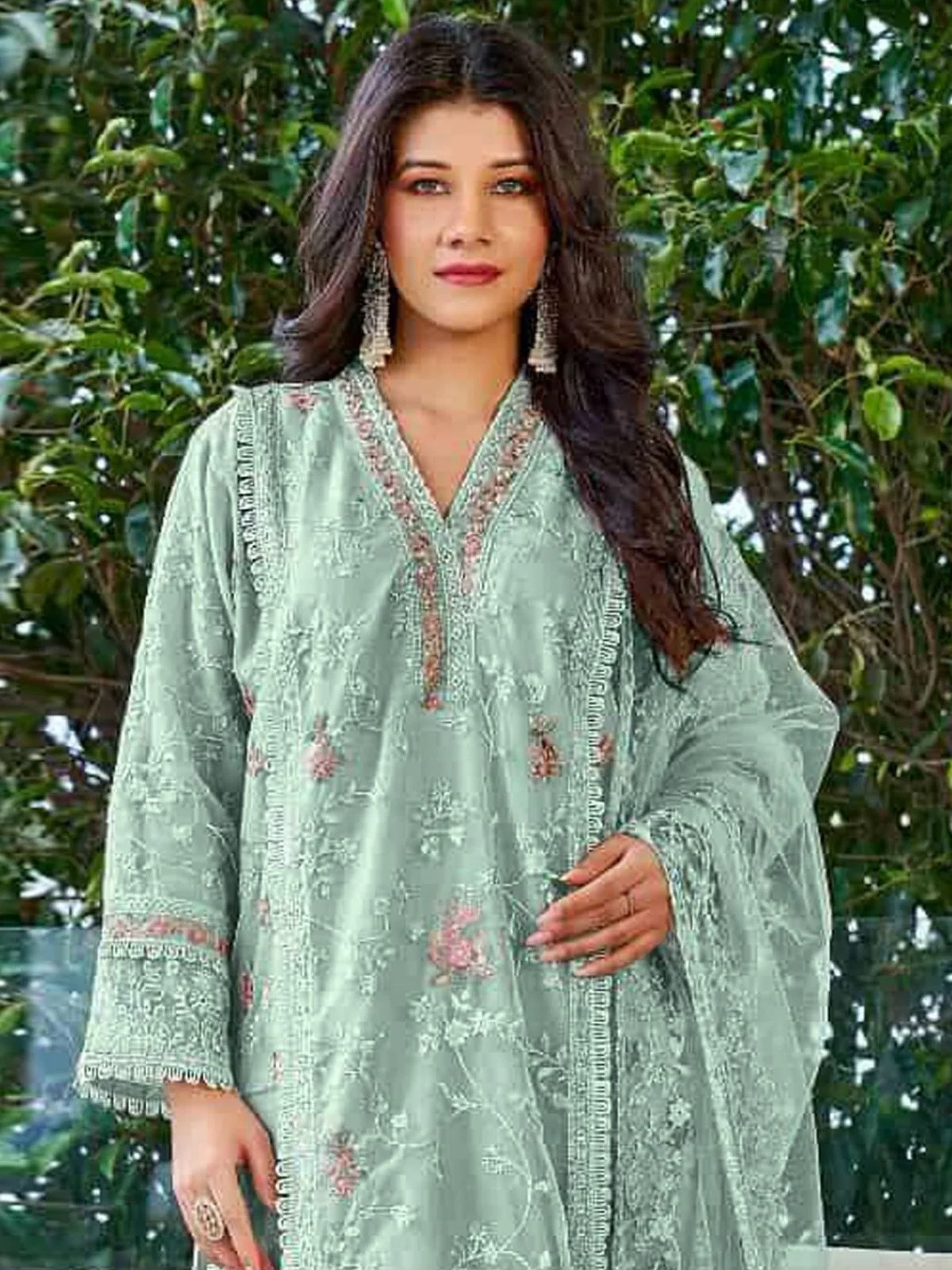 Odette Sky Blue Organza Embroidered Semi Stitched Kurta Set For Women - Image 2