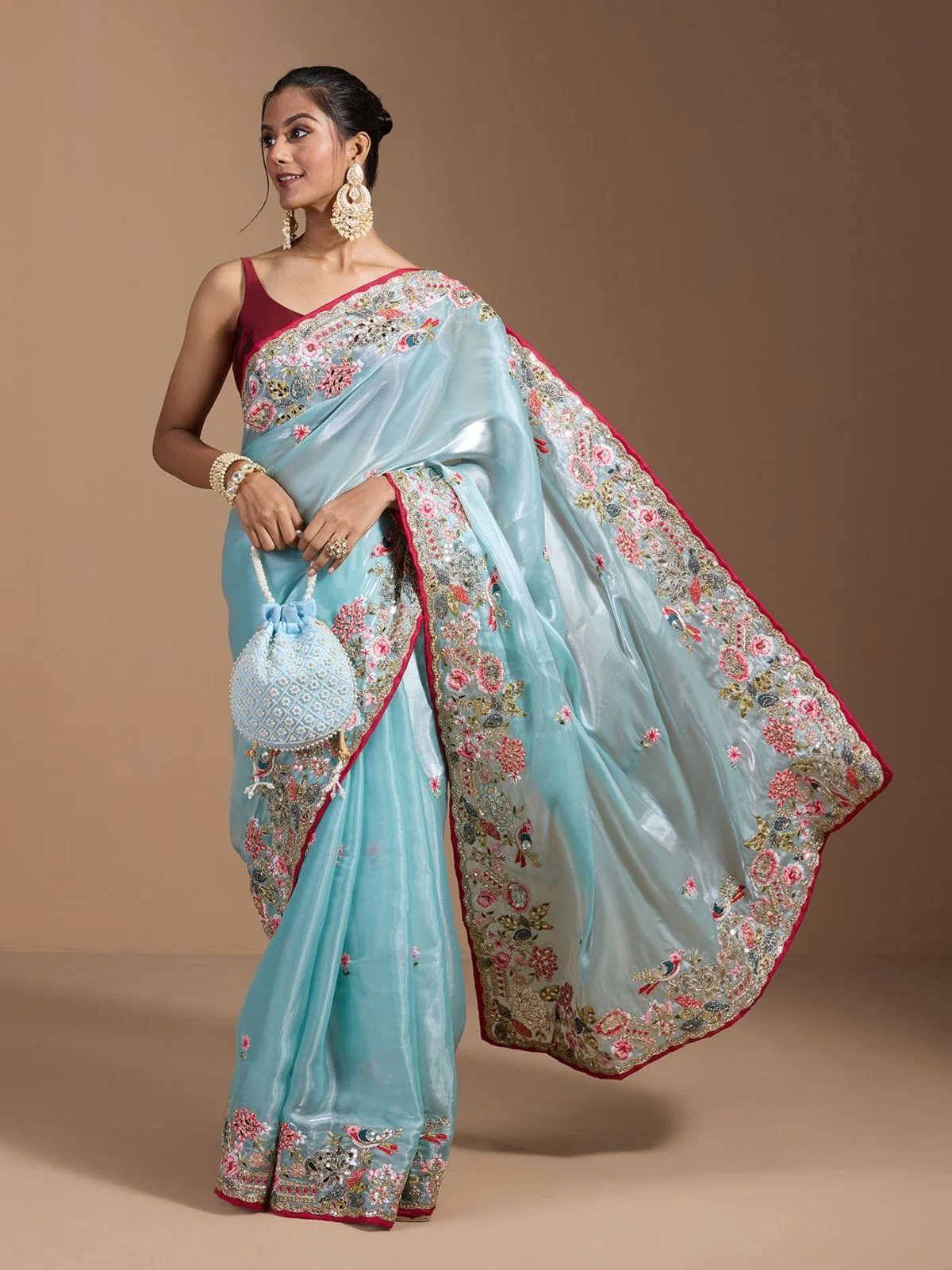 Odette Sky Blue Organza Embroidered Solid Saree For Women - Image 3