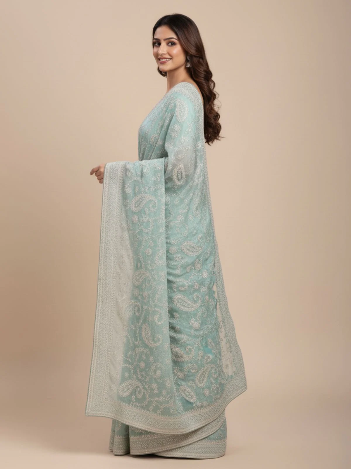 Odette Sky Blue Organza Embroidered Solid Saree For Women - Image 2