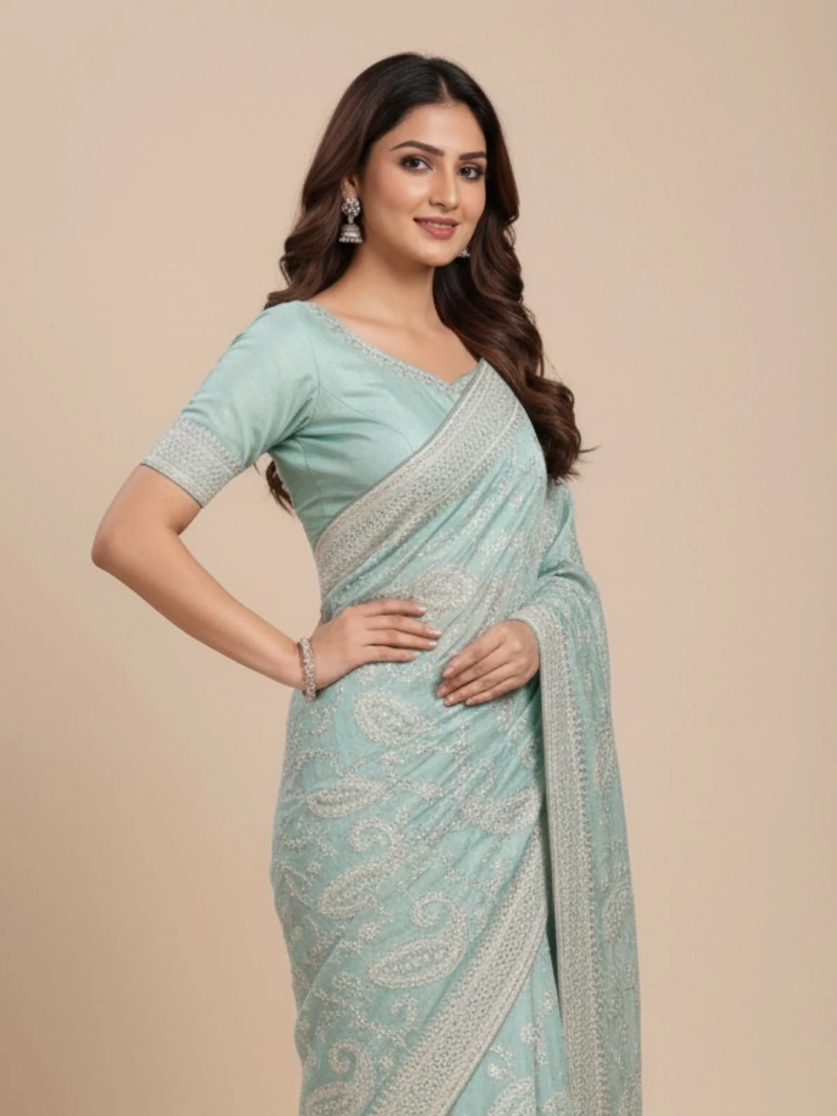 Odette Sky Blue Organza Embroidered Solid Saree For Women - Image 3