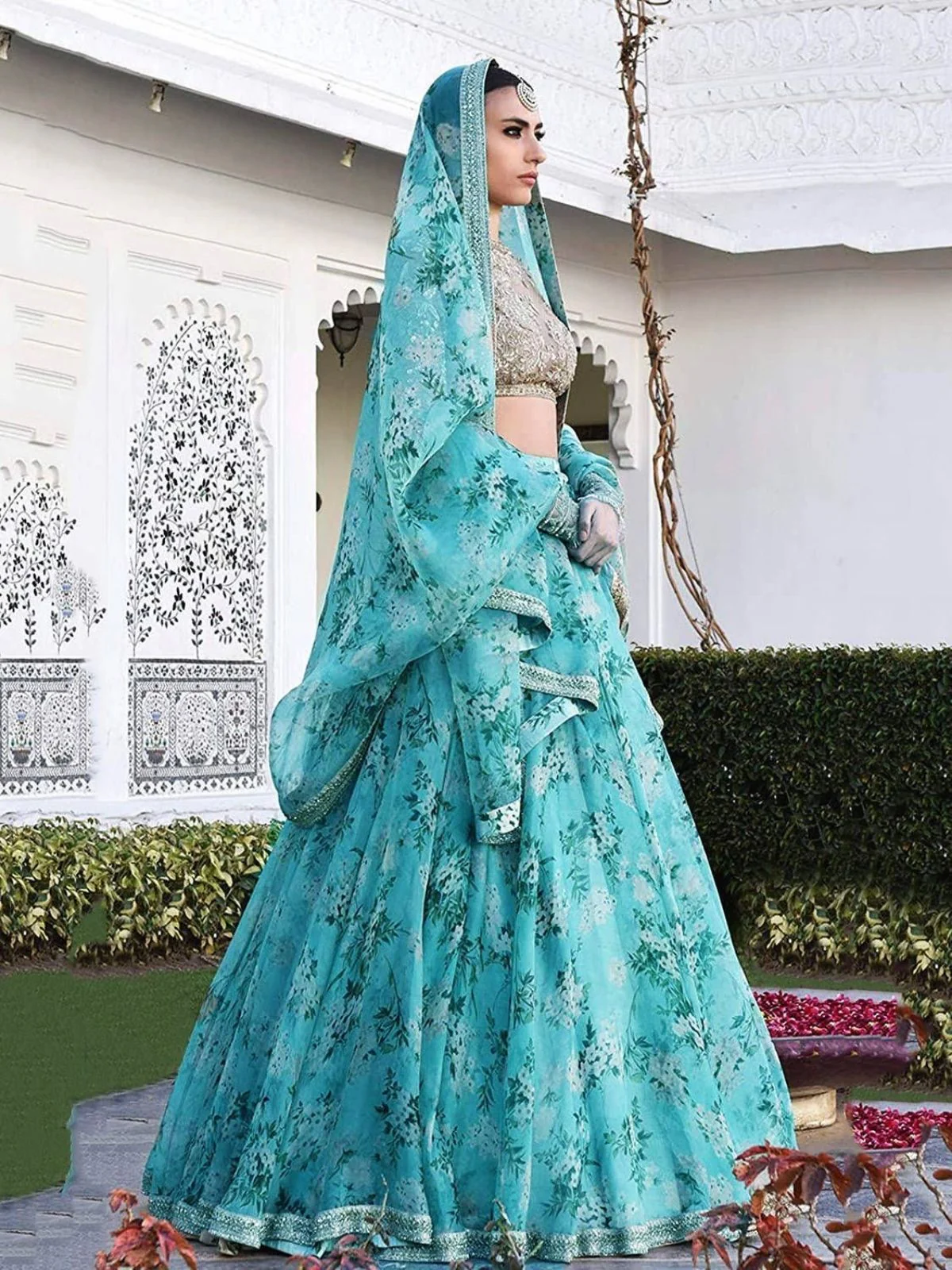 Odette Sky Blue Organza Printed Semi-Stitched lehenga For Women