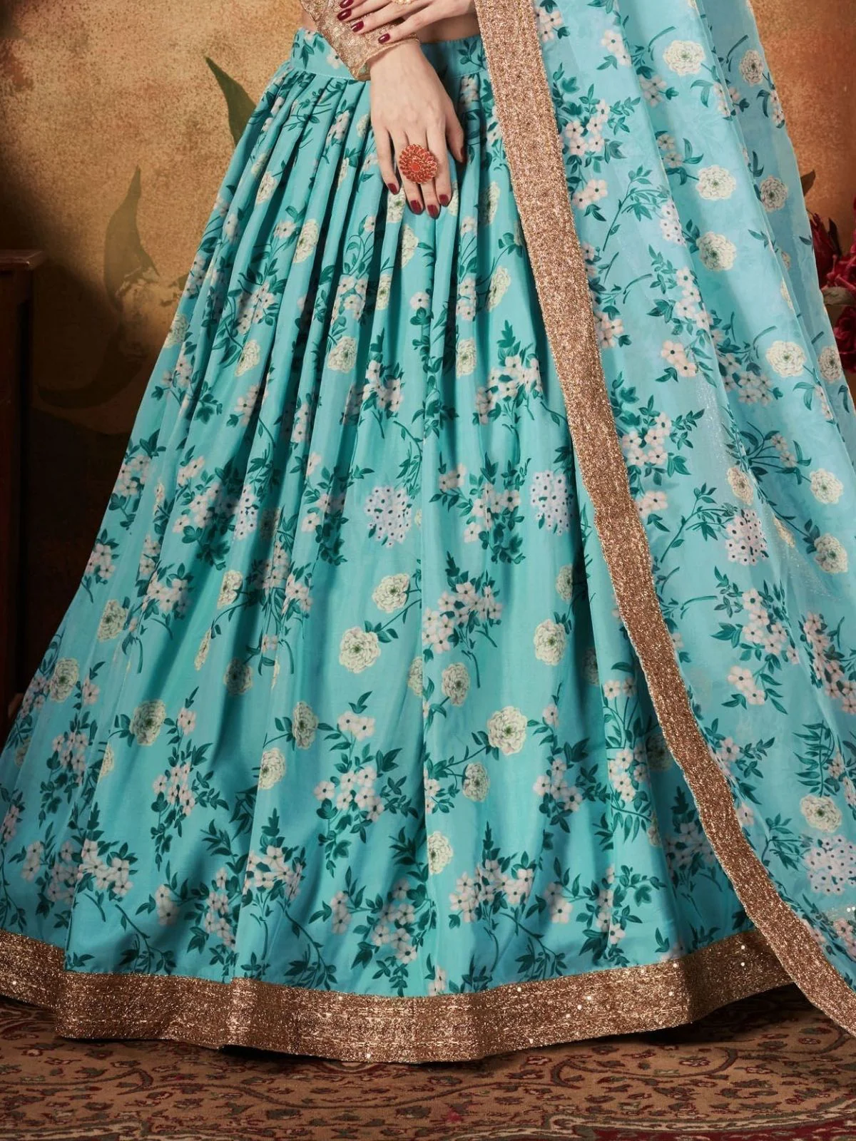 Odette Sky Blue Organza Printed Semi-Stitched lehenga For Women - Image 3