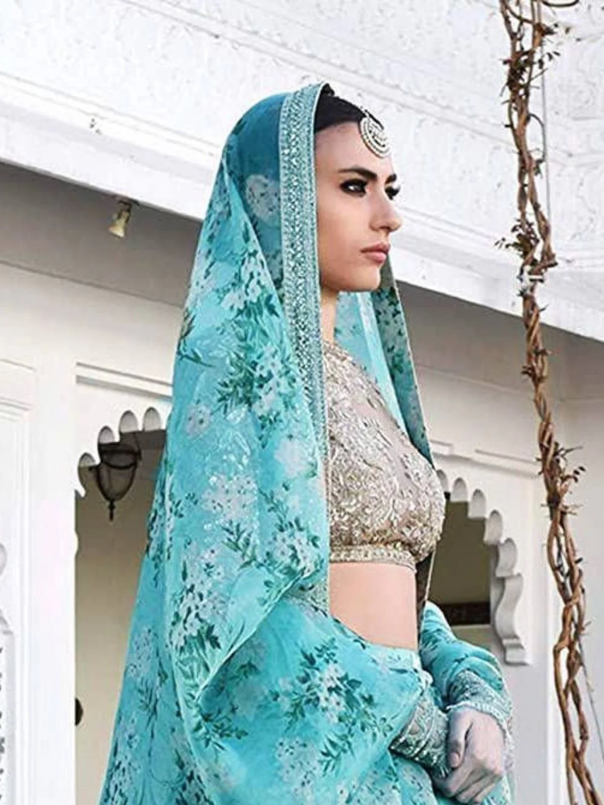 Odette Sky Blue Organza Printed Semi-Stitched lehenga For Women - Image 4