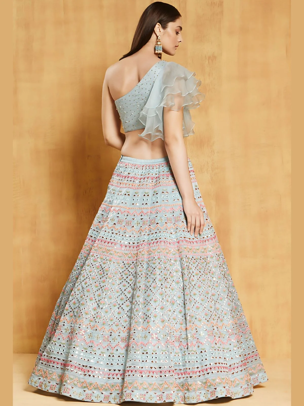 Odette Sky Blue Organza Silk Embroidered Semi-Stitched lehenga For Women - Image 4