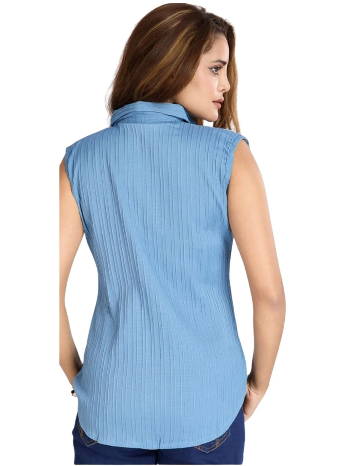 Odette Sky Blue Poly Cotton Solid Shirt For Women - Image 3
