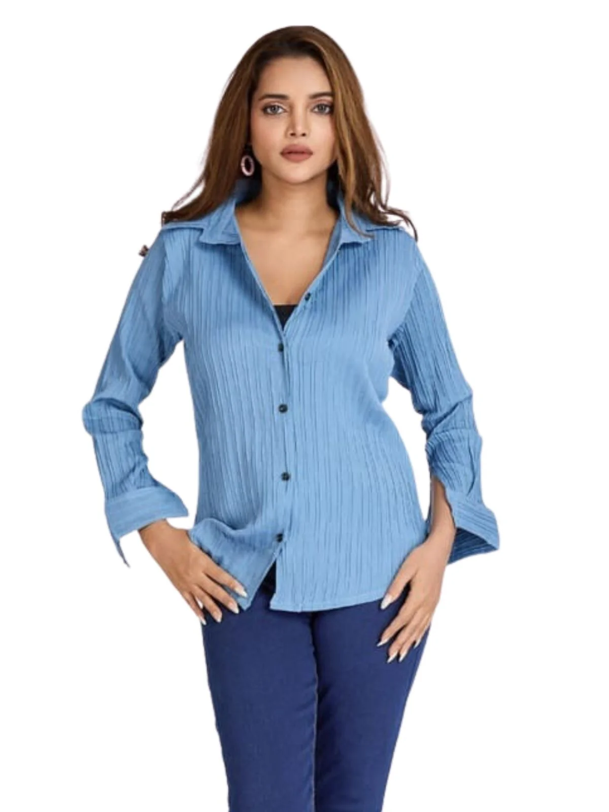 Odette Sky Blue Poly Cotton Solid Shirt For Women - Image 2