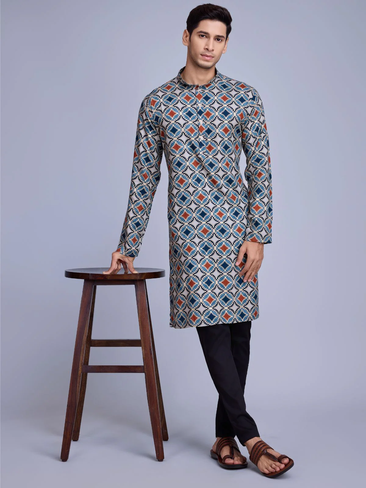 Odette Blue Rayon Printed Stitched Kurta For Men