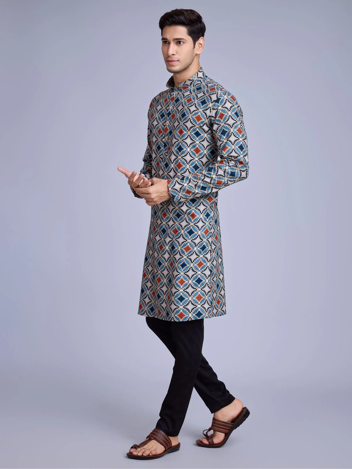 Odette Blue Rayon Printed Stitched Kurta For Men - Image 3
