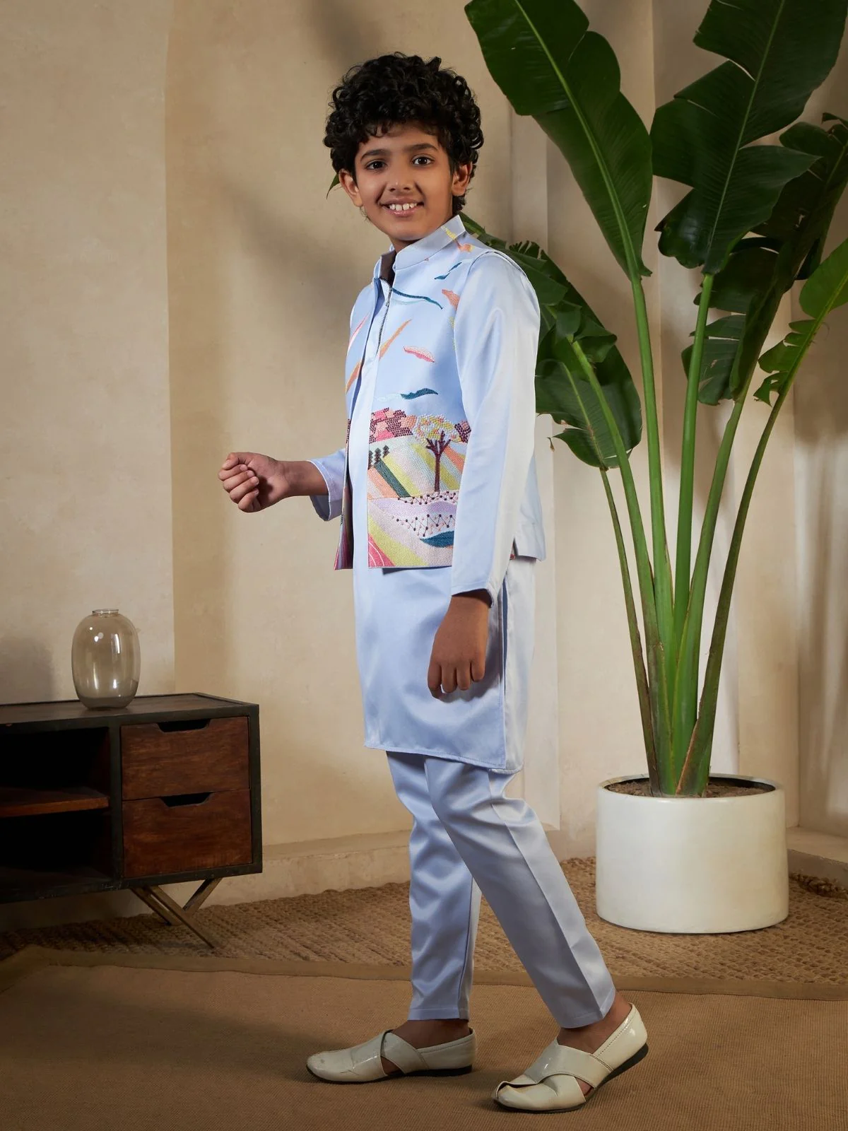 Odette Sky Blue Satin Embellished Stitched Kurta Set For Kids - Image 2