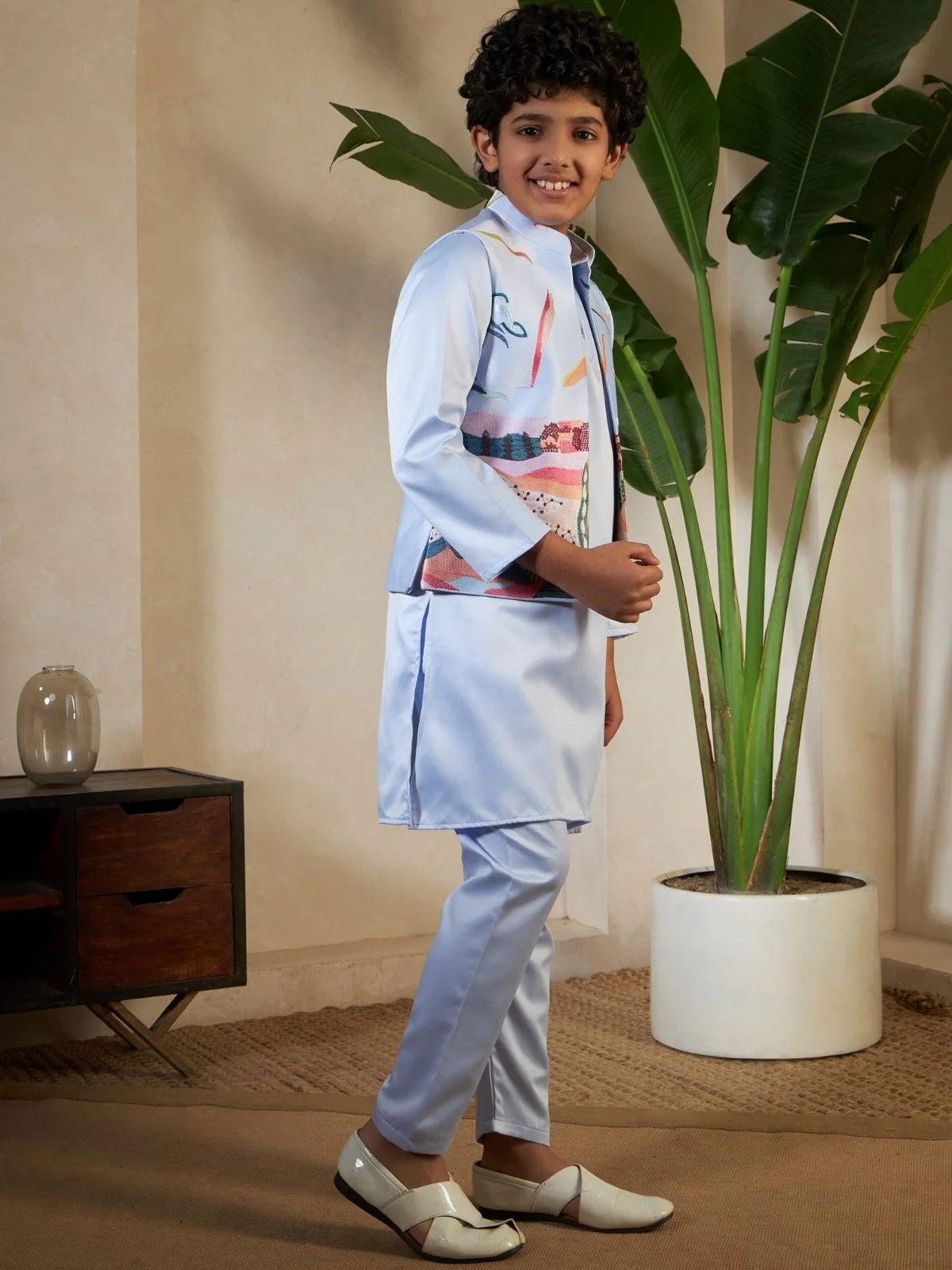 Odette Sky Blue Satin Embellished Stitched Kurta Set For Kids - Image 3