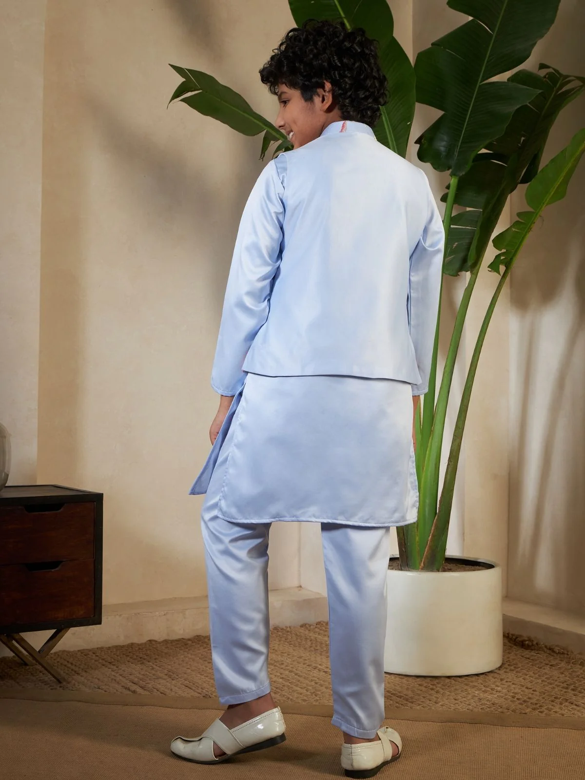 Odette Sky Blue Satin Embellished Stitched Kurta Set For Kids - Image 4