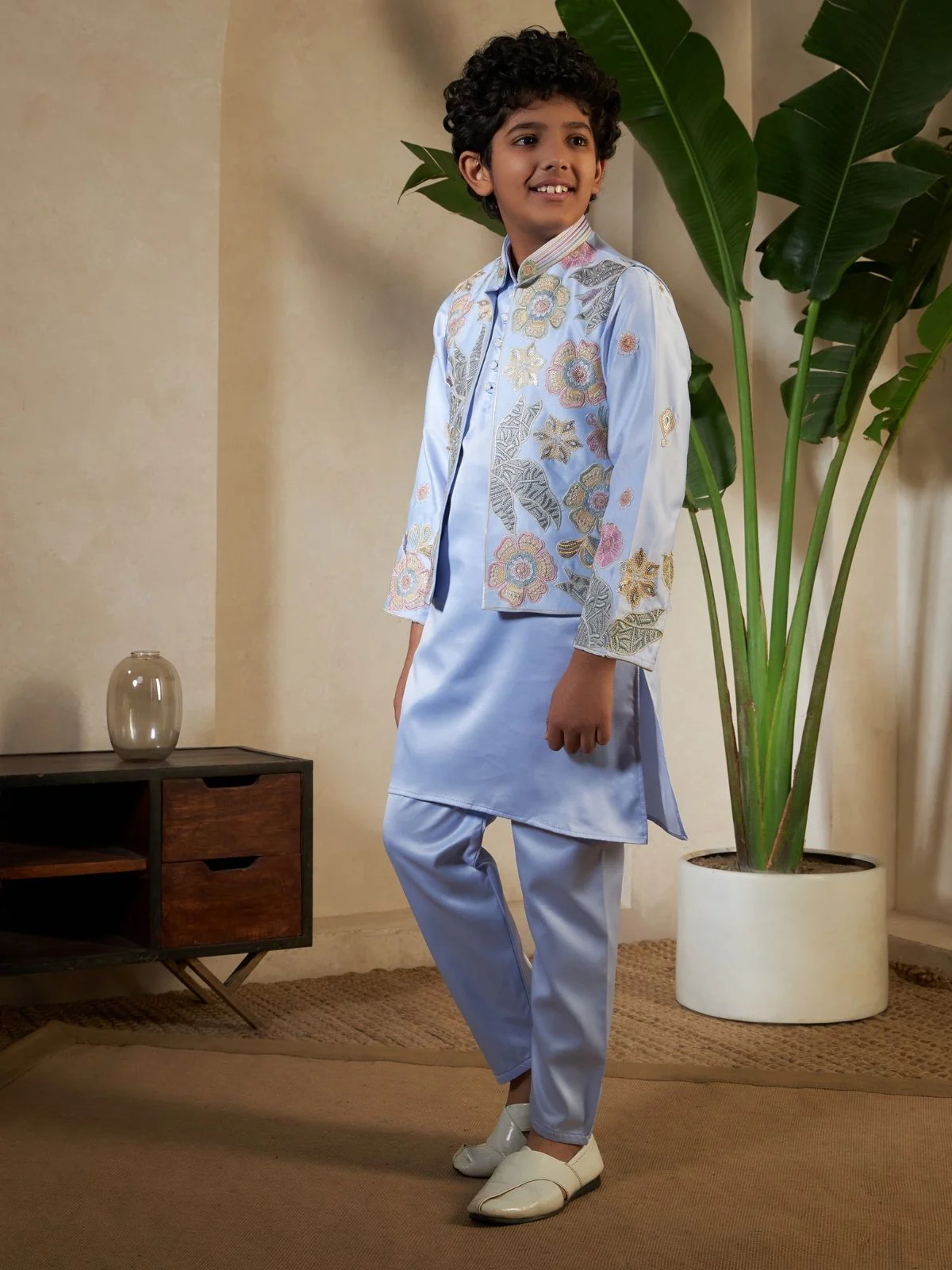 Odette Sky Blue Satin Embellished Stitched Kurta Set For Kids - Image 3