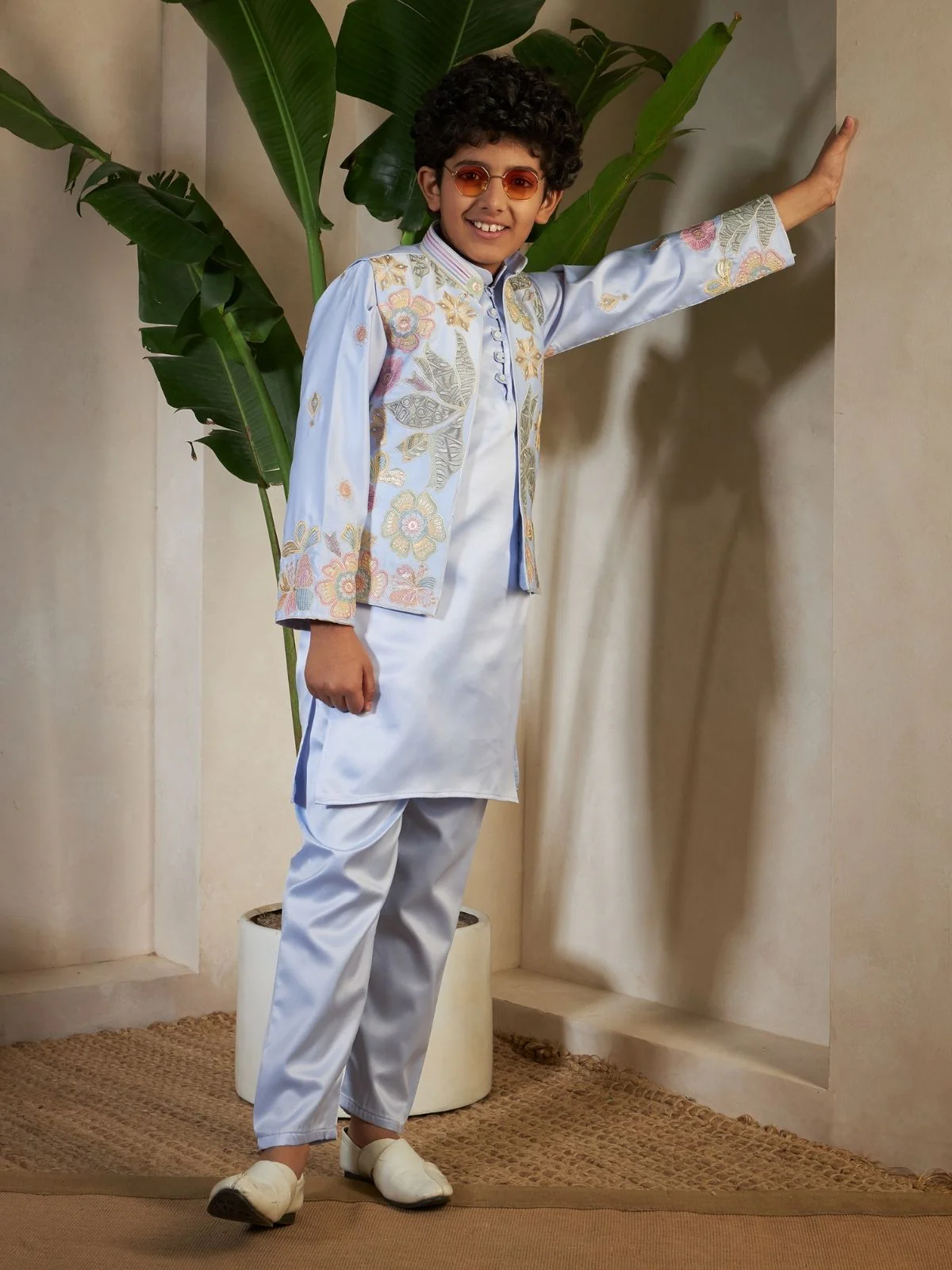 Odette Sky Blue Satin Embellished Stitched Kurta Set For Kids - Image 4