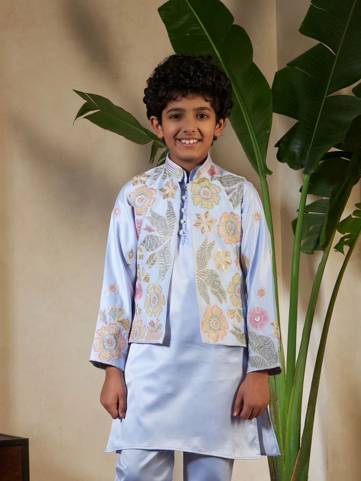 Odette Sky Blue Satin Embellished Stitched Kurta Set For Kids - Image 6