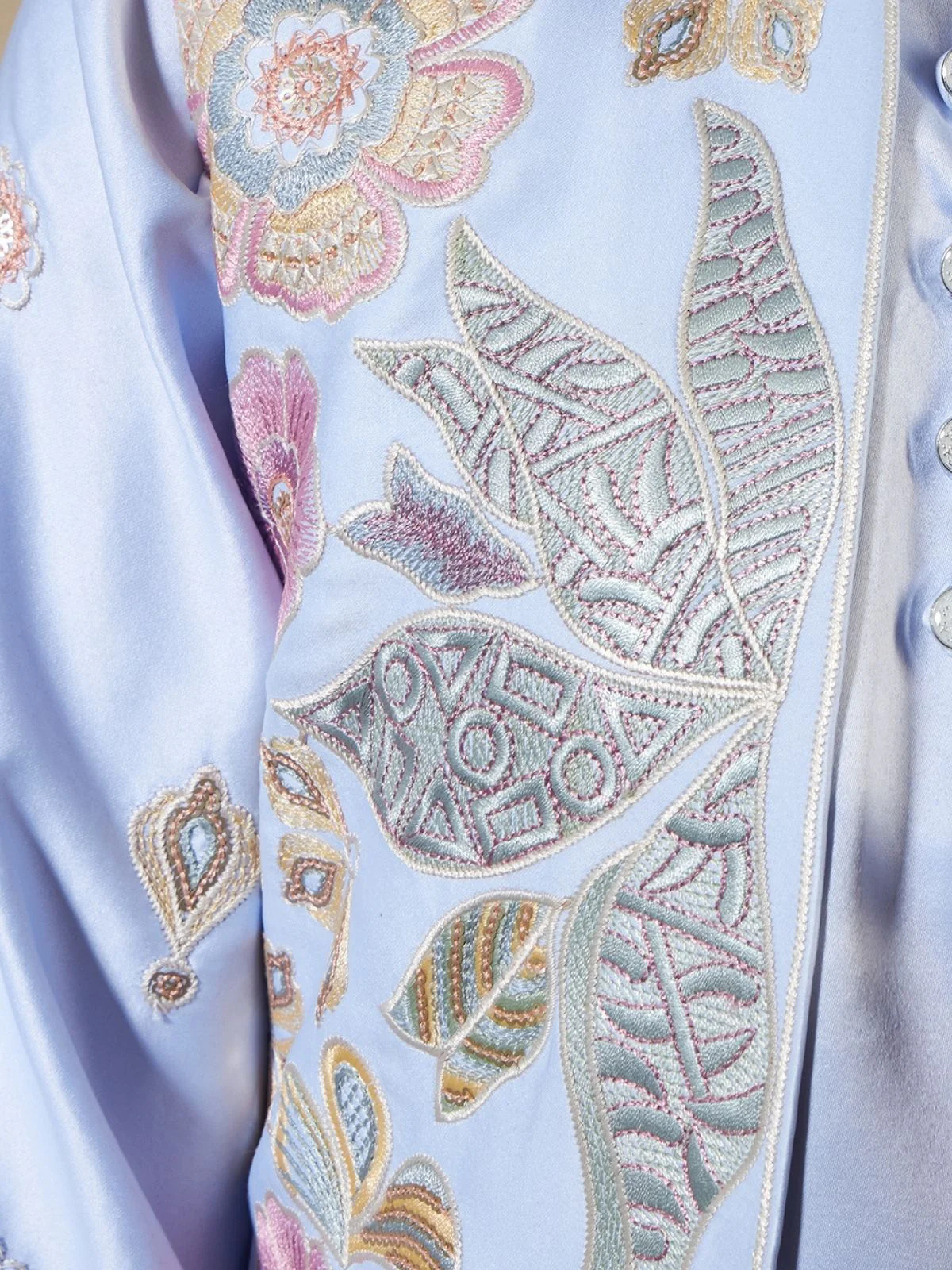 Odette Sky Blue Satin Embellished Stitched Kurta Set For Kids - Image 7