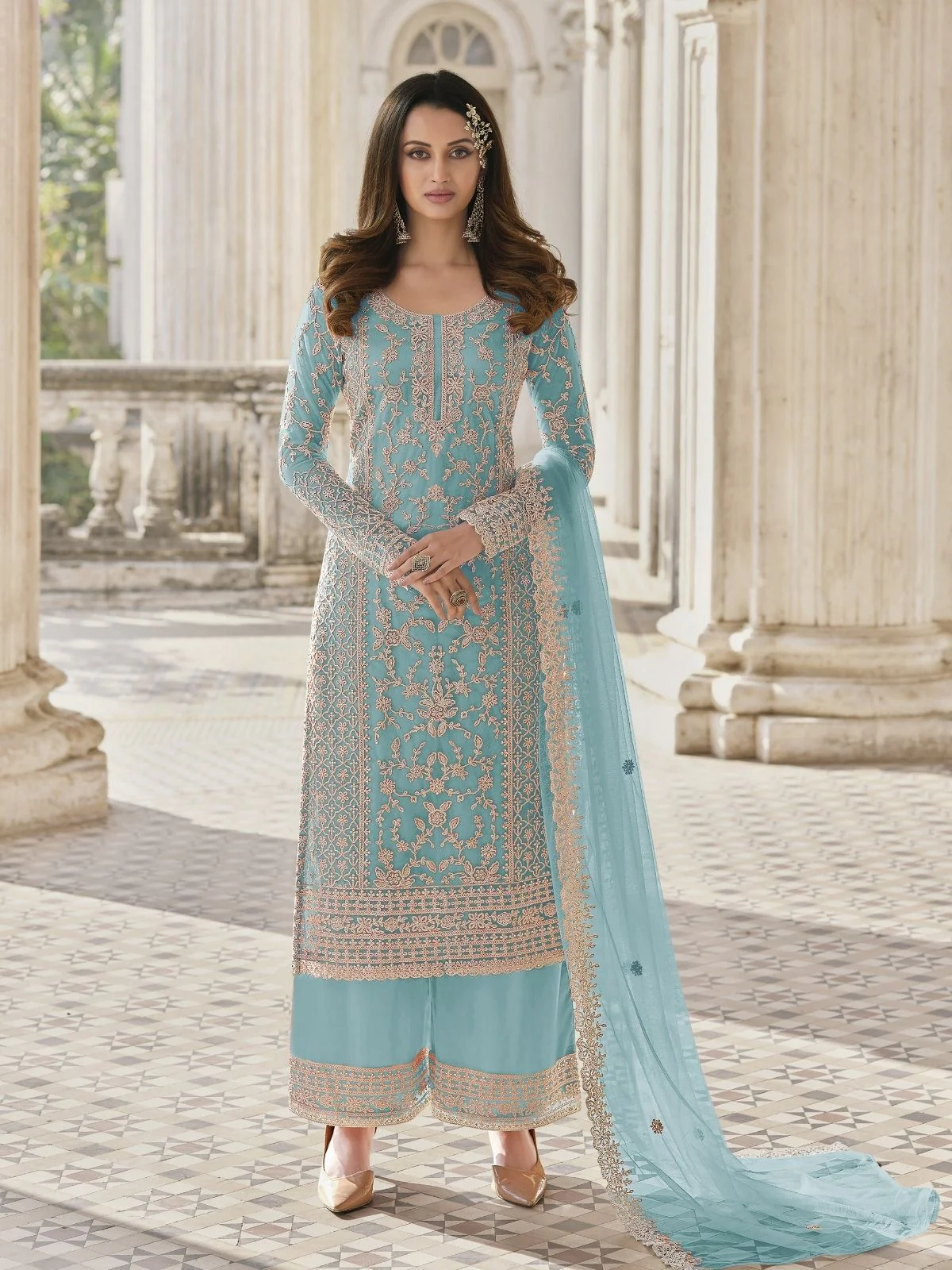 Odette Sky Blue Silk Blend Embroidered Semi Stitched Kurta Set For Women