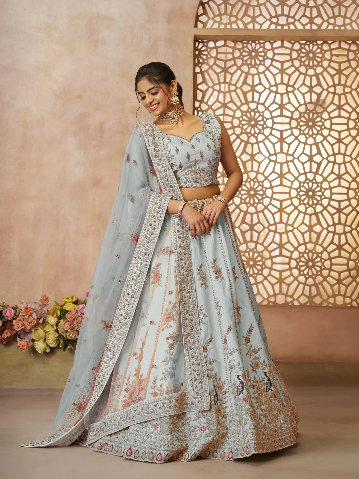 Odette Sky Blue Silk Blend Embroidered Semi-Stitched Lehenga For Women - Image 2