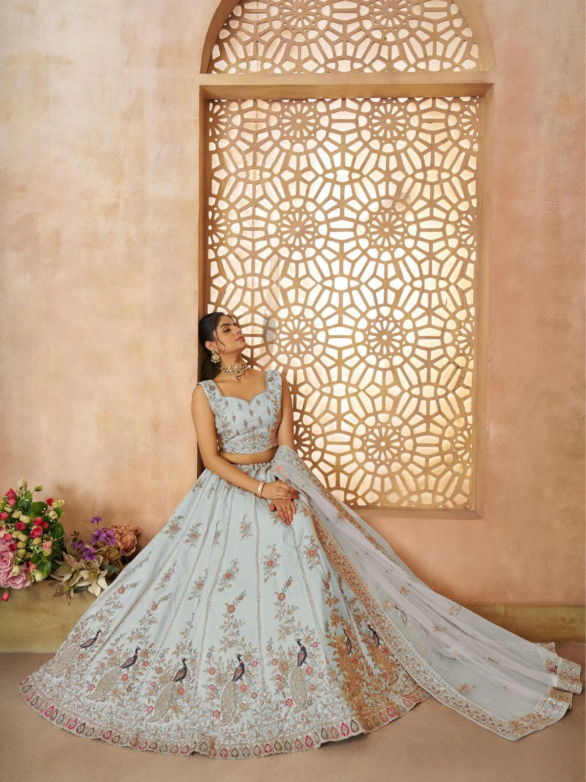 Odette Sky Blue Silk Blend Embroidered Semi-Stitched Lehenga For Women - Image 3