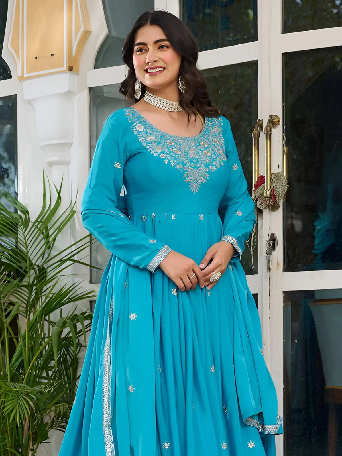 Odette Sky Blue Silk Blend Embroidery & Gathered Kurta Set For Women - Image 4