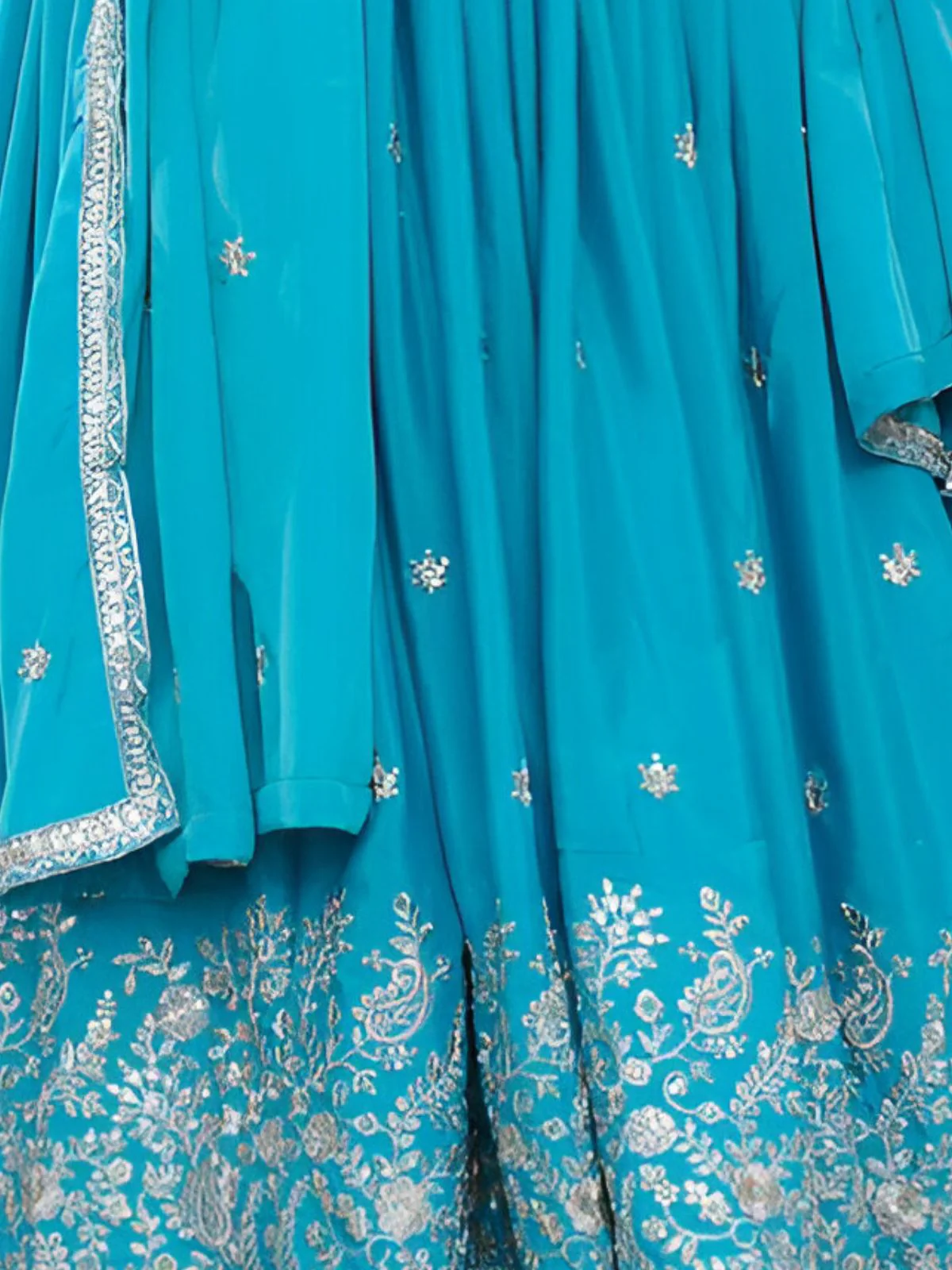 Odette Sky Blue Silk Blend Embroidery & Gathered Kurta Set For Women - Image 5