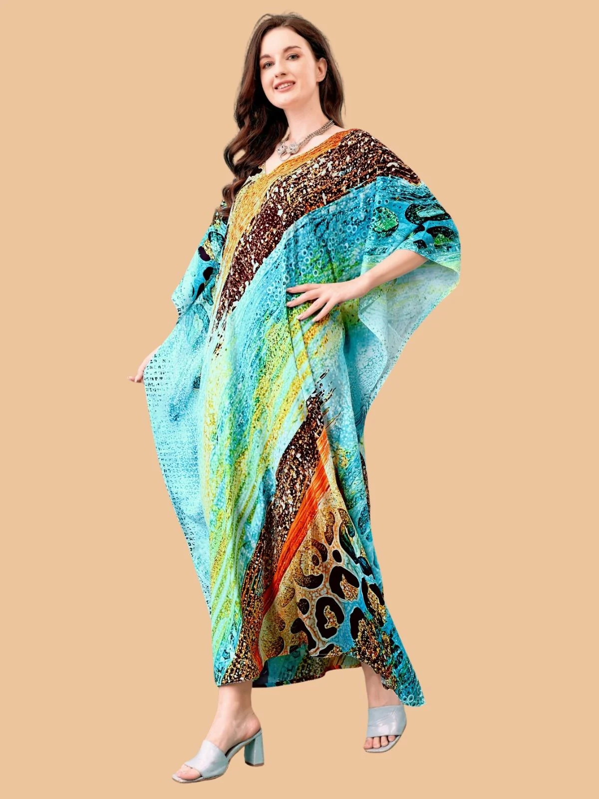 Odette Sky Blue Silk Blend Printed Kaftan For Women - Image 2