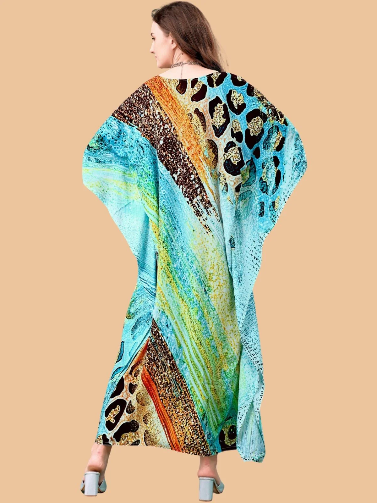 Odette Sky Blue Silk Blend Printed Kaftan For Women - Image 3