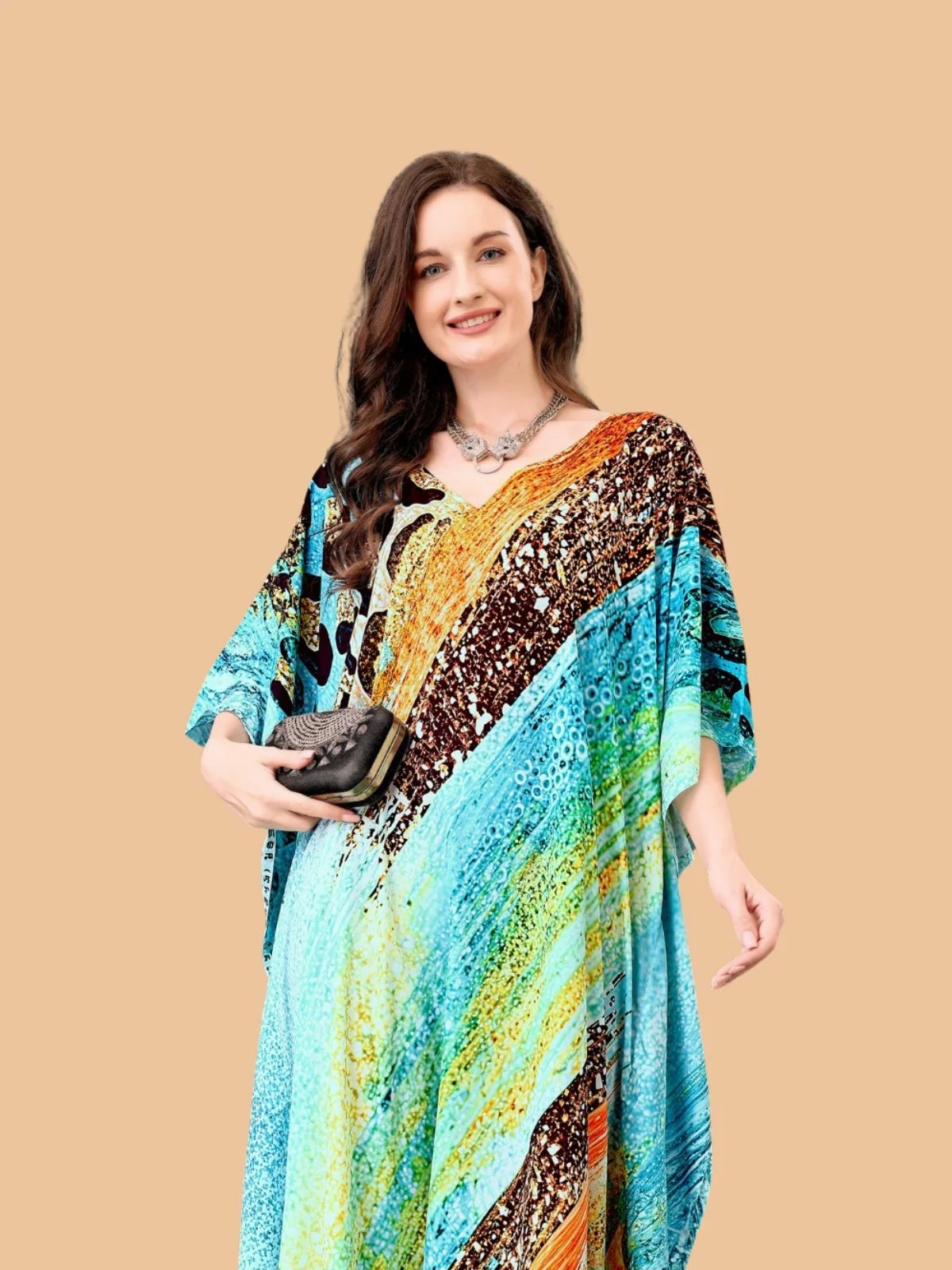 Odette Sky Blue Silk Blend Printed Kaftan For Women - Image 4