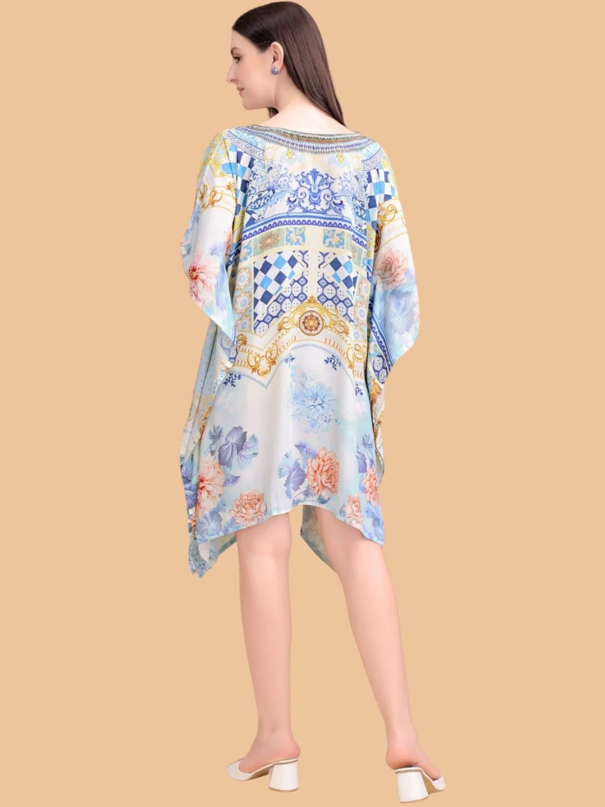 Odette Sky Blue Silk Blend Printed Kaftan For Women - Image 3