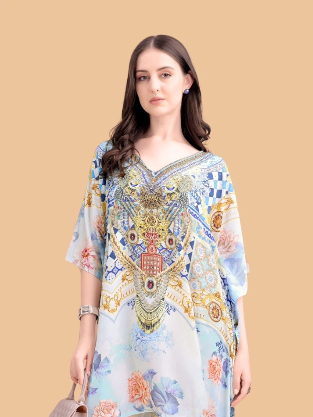 Odette Sky Blue Silk Blend Printed Kaftan For Women - Image 4