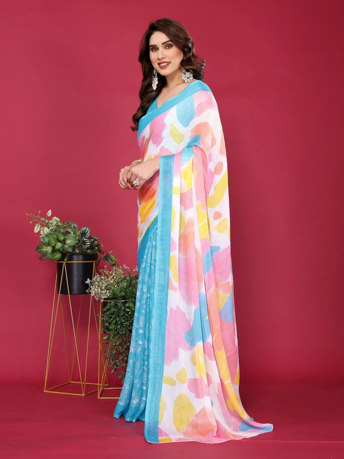 Odette Sky Blue Silk Blend Printed Saree For Women - Image 2
