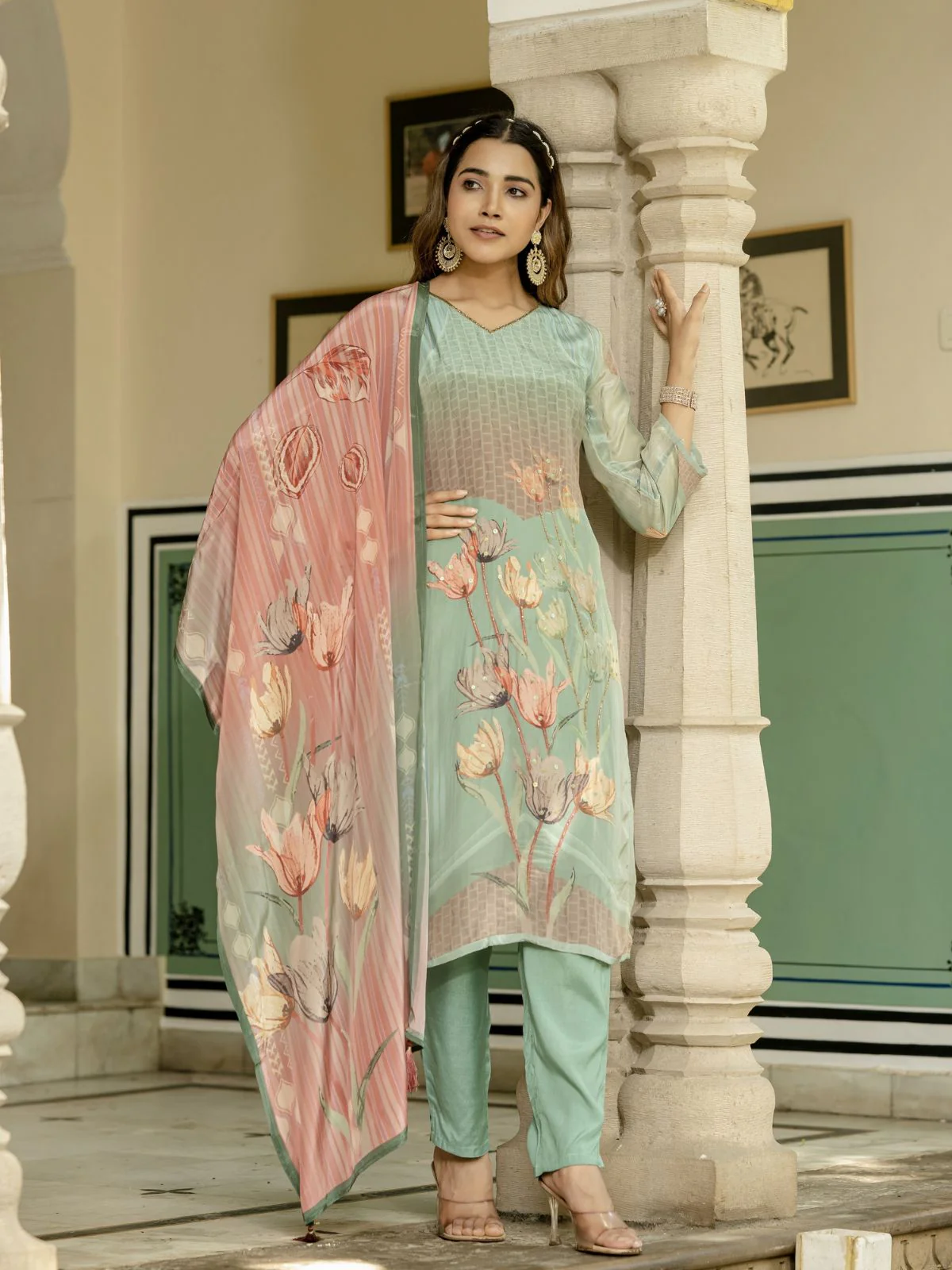 Odette Sky Blue Silk Blend Printed Stitched Kurta Set For Women