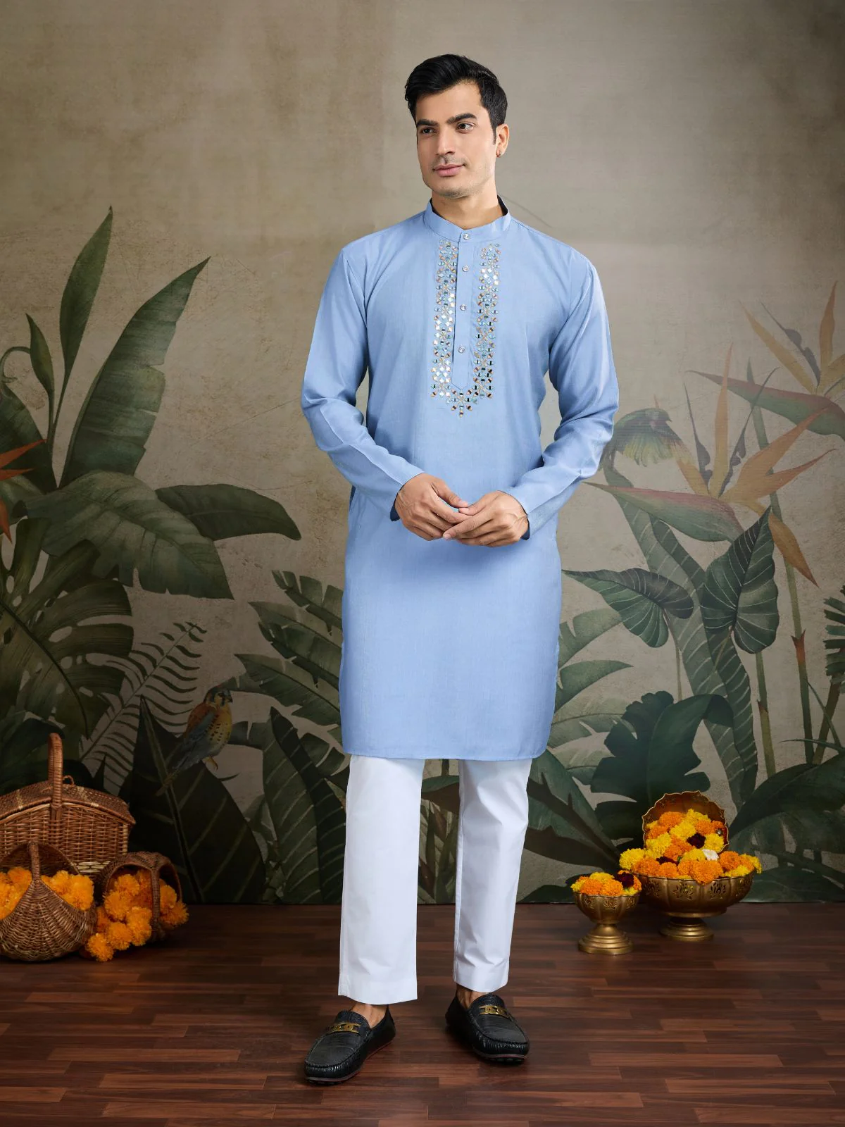 Odette Sky Blue Silk Blend Embellished Kurta For Men - Image 3