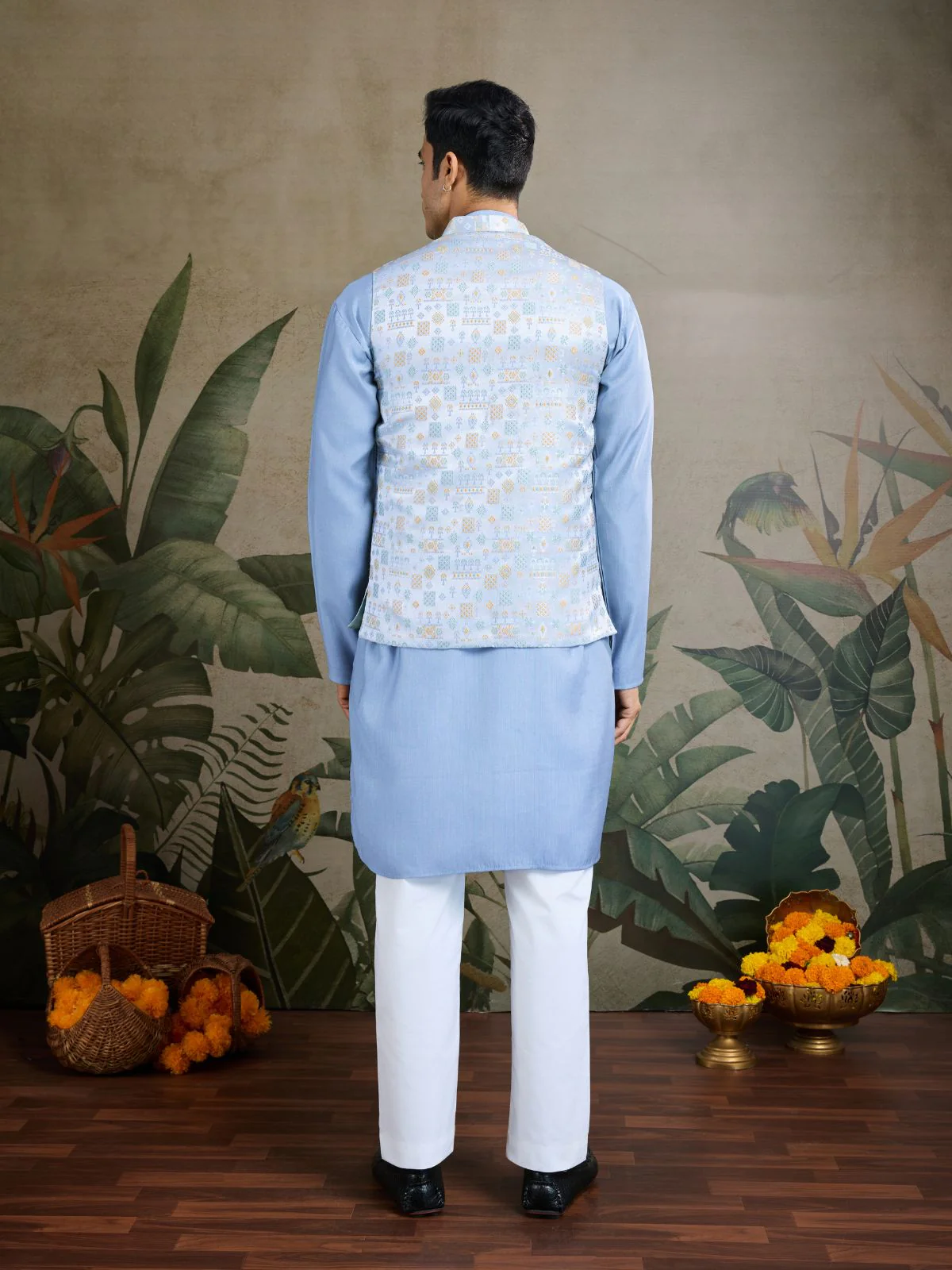 Odette Sky Blue Silk Blend Embellished Kurta For Men - Image 4
