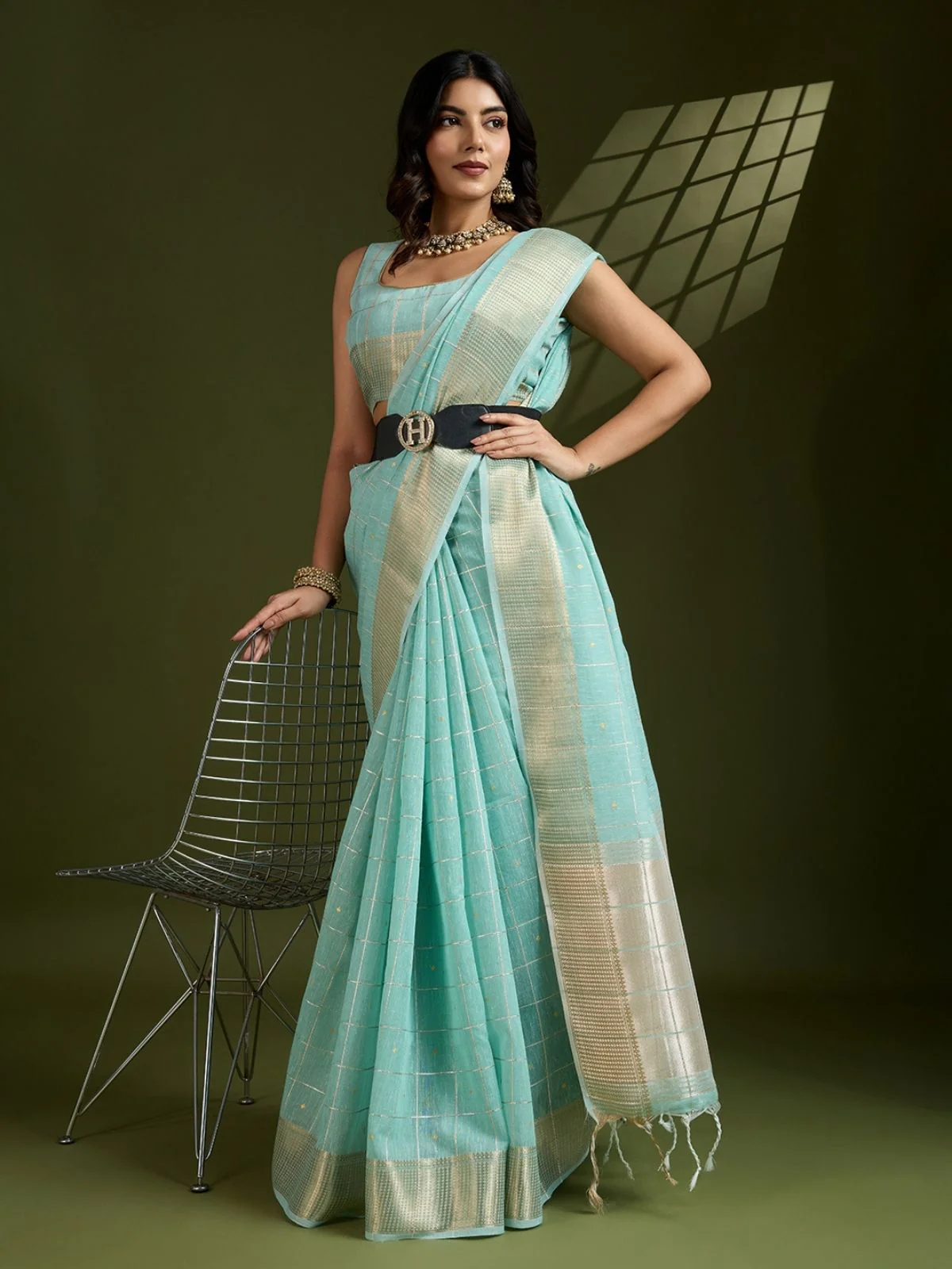 Odette Sky Blue Silk Blend Woven Checked Saree For Women