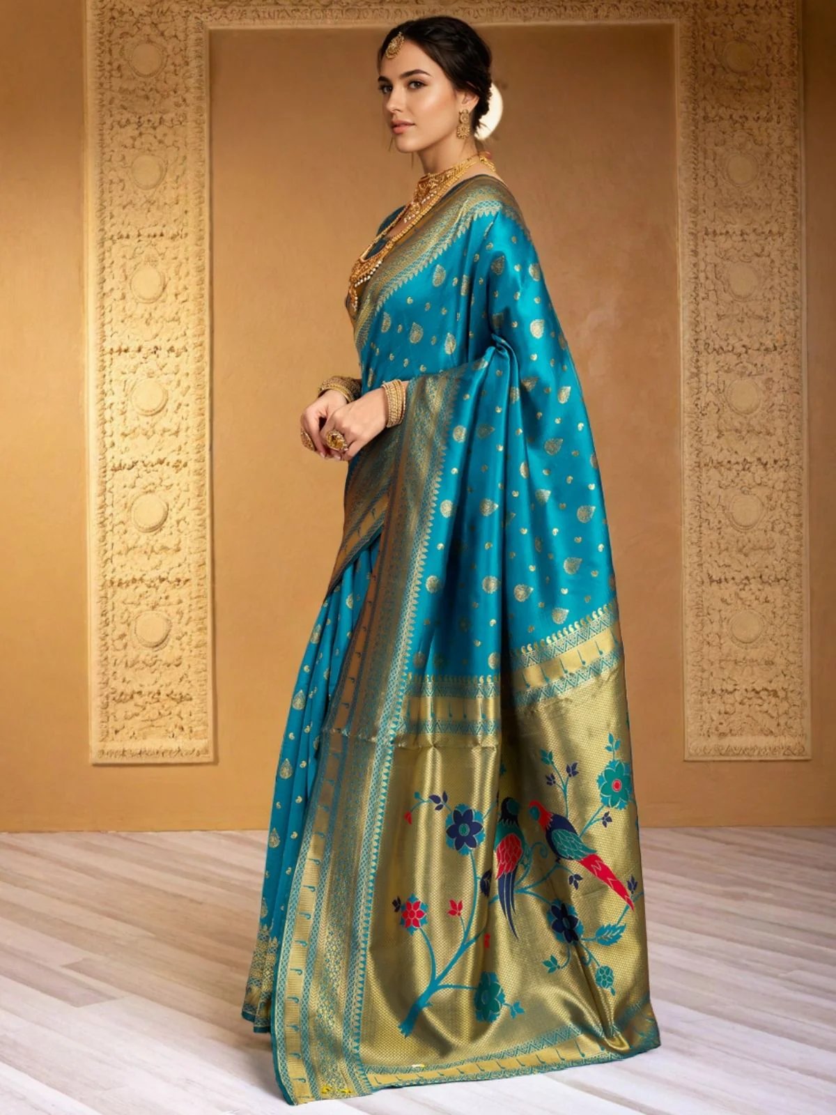 Odette Sky Blue Silk Blend Woven Pithani Saree For Women - Image 2