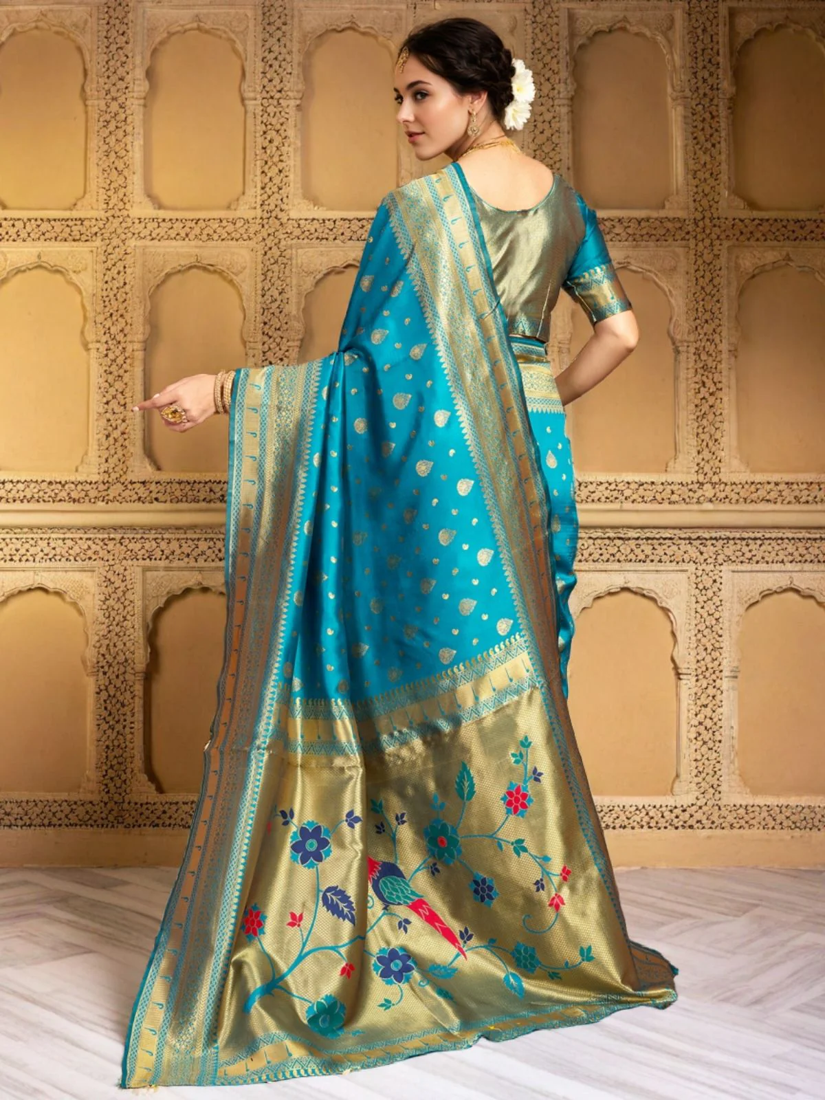 Odette Sky Blue Silk Blend Woven Pithani Saree For Women - Image 4