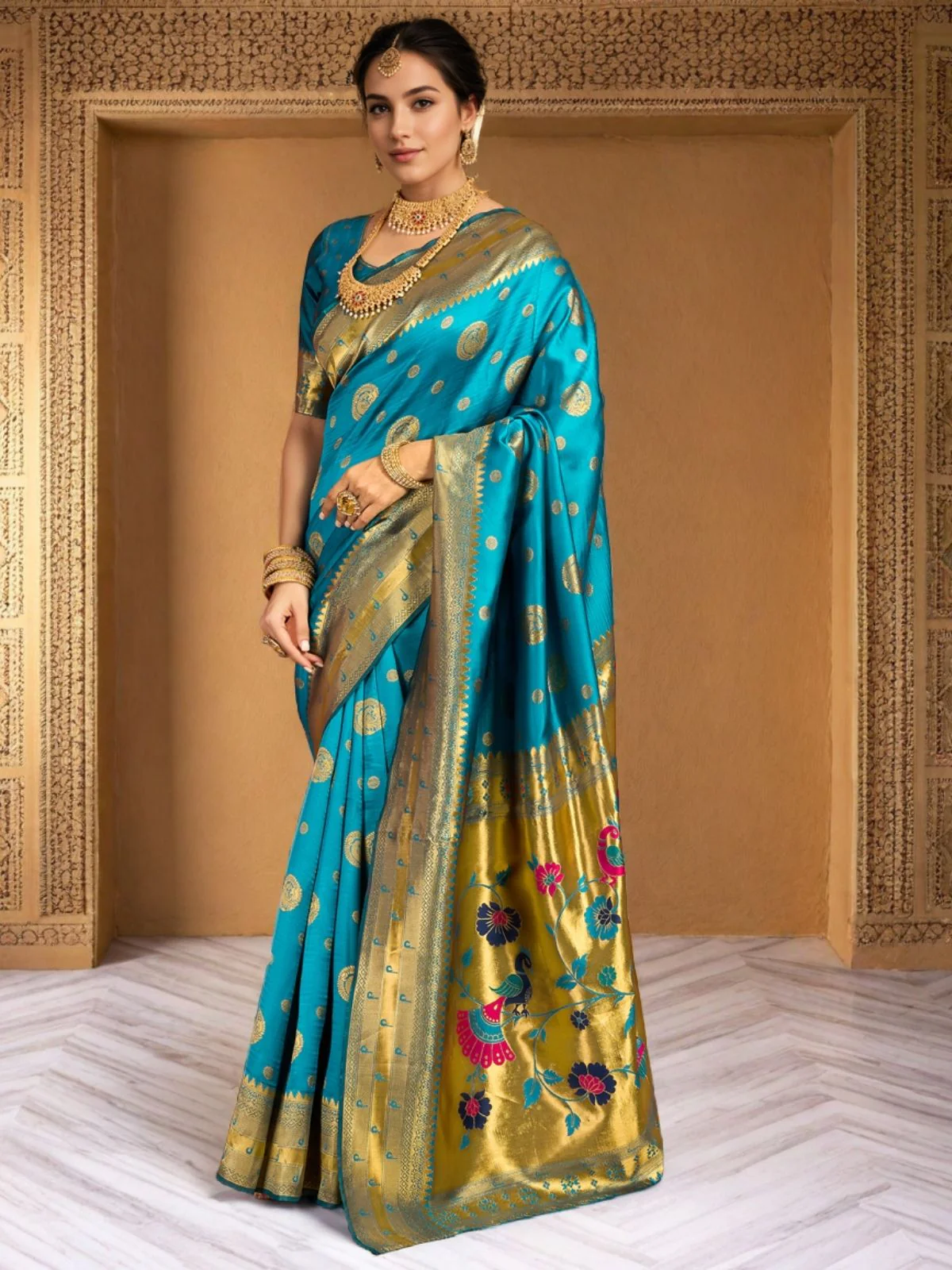 Odette Sky Blue Silk Blend Woven Pithani Saree For Women