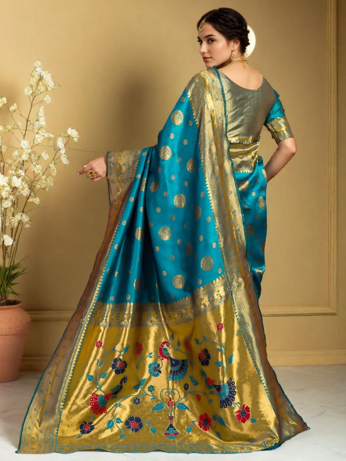 Odette Sky Blue Silk Blend Woven Pithani Saree For Women - Image 4
