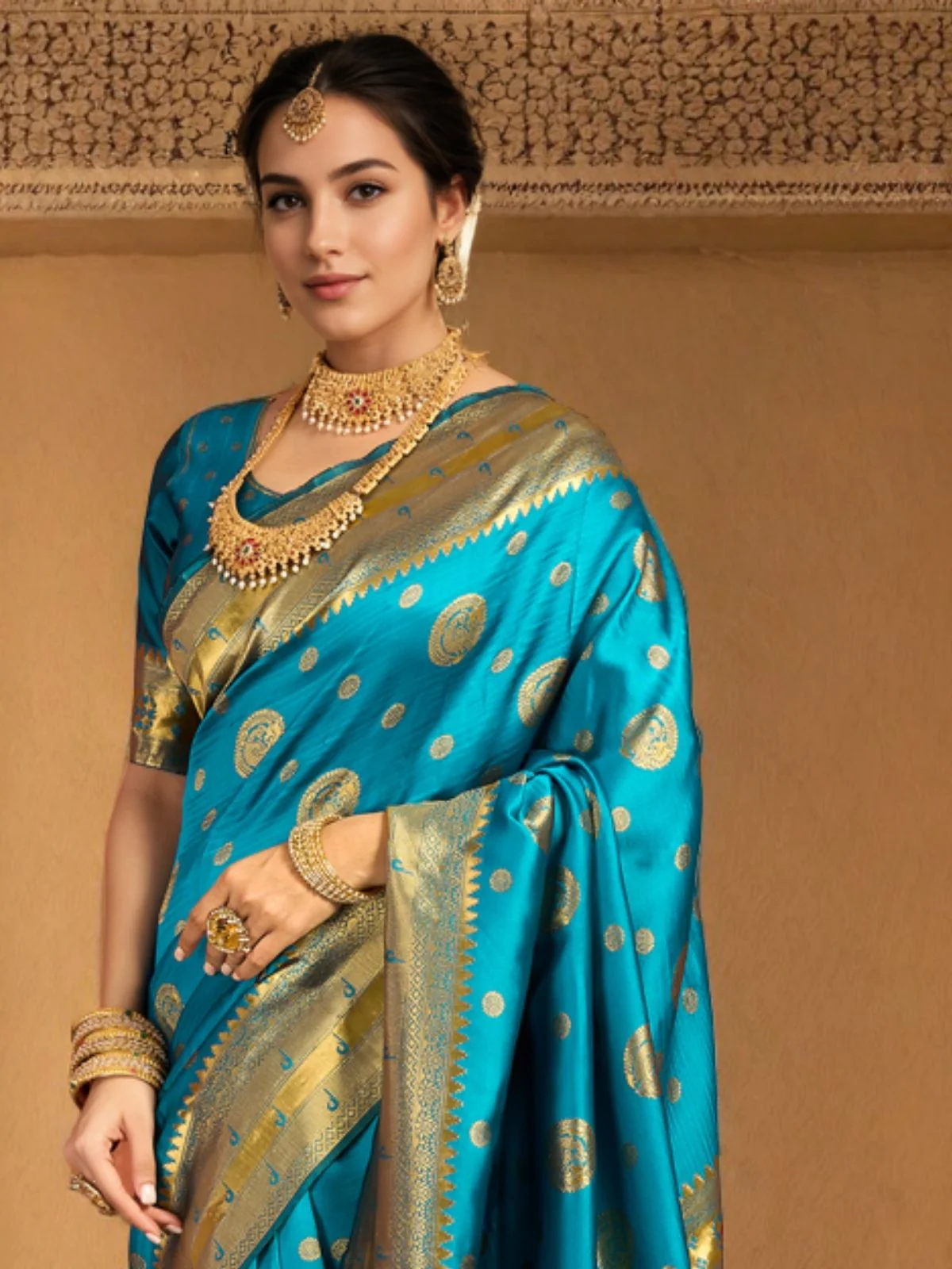 Odette Sky Blue Silk Blend Woven Pithani Saree For Women - Image 5