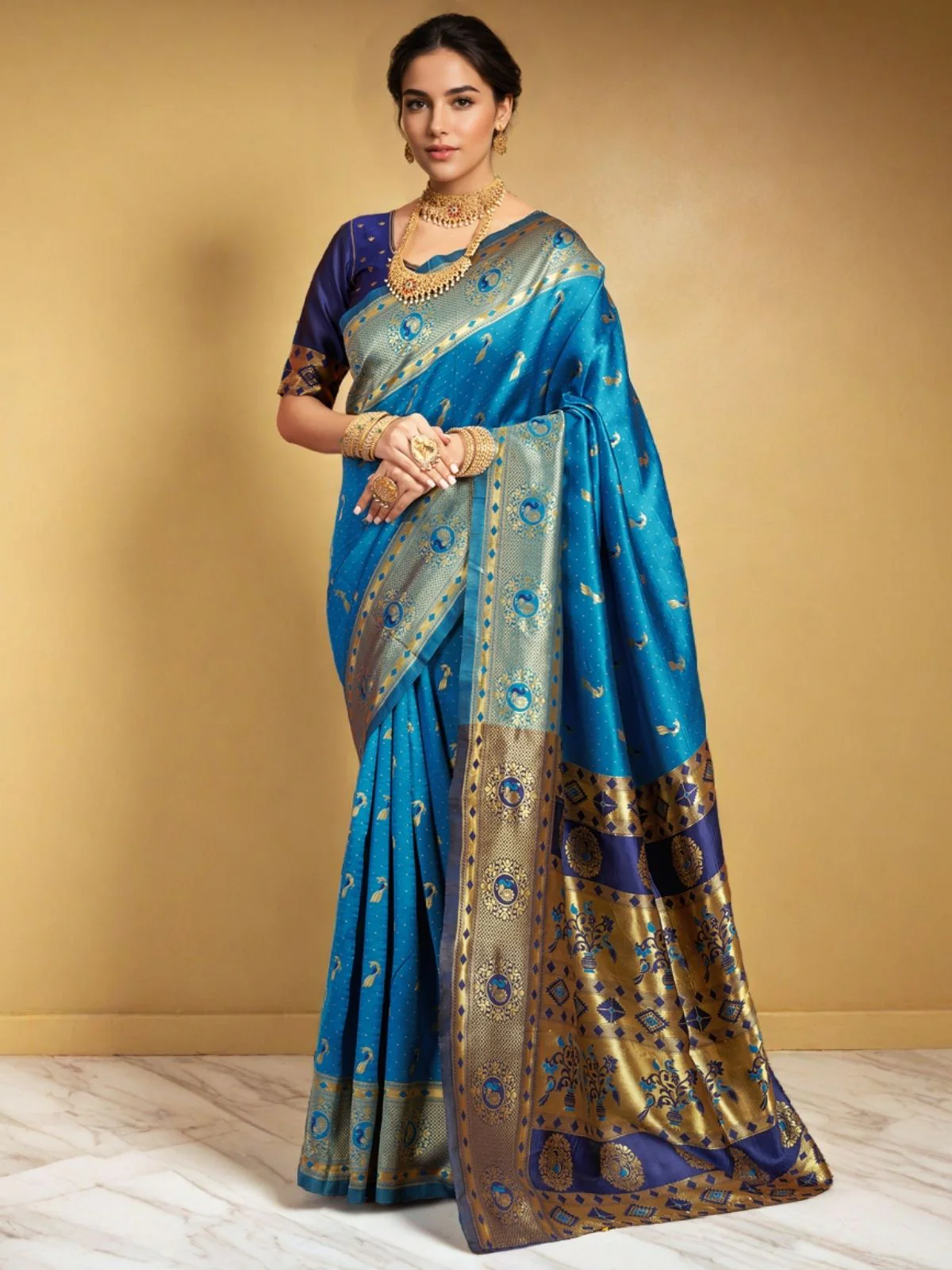 Odette Sky Blue Silk Woven Saree For Women